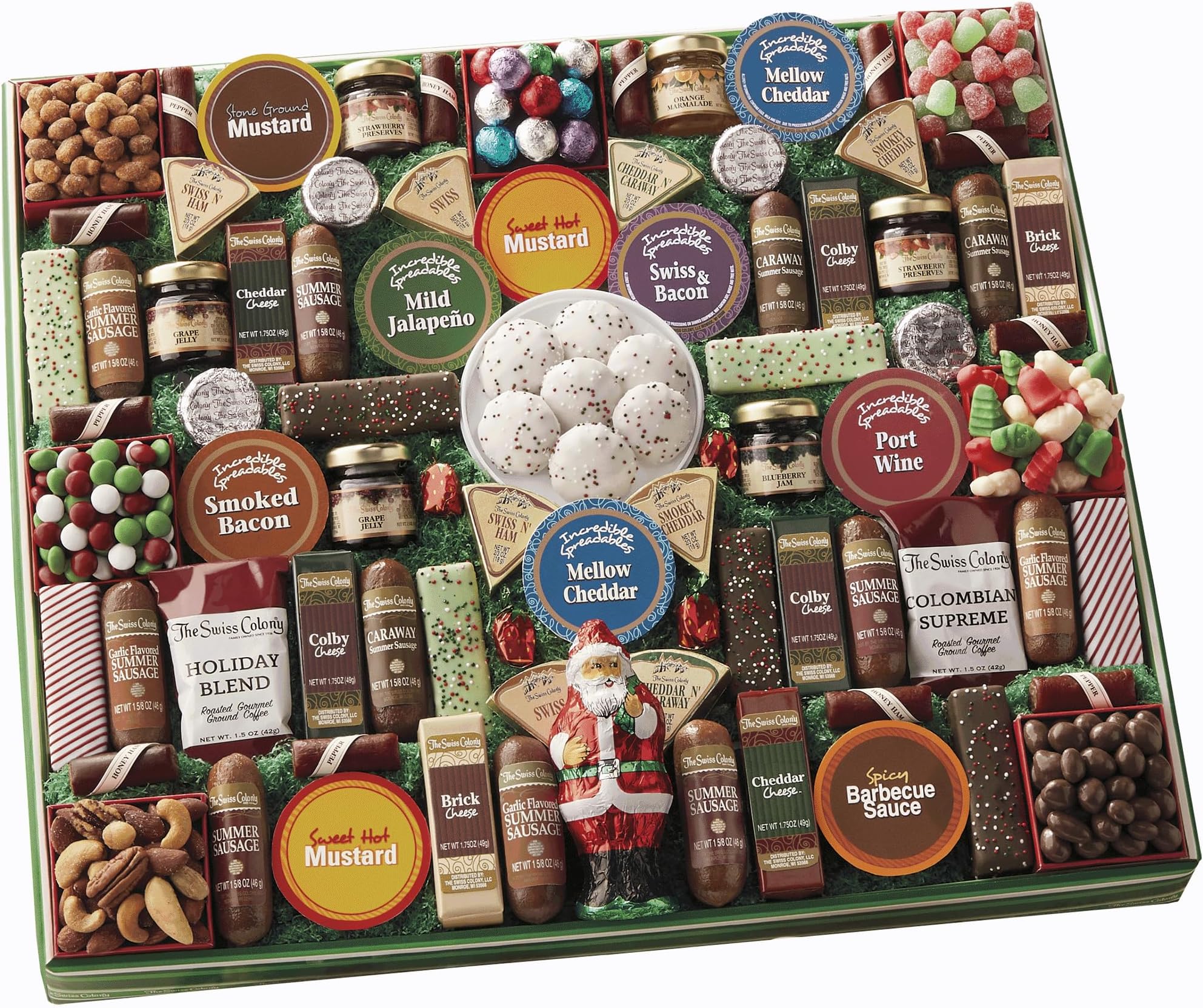 Santa's 77 Favorites Food Gift – Assorted Summer Sausage Meats and Cheeses, Chocolates, Candies, Spreadables, and Snacks, Holiday Gift Box for Adults, Women, Men, Charcuterie Boards