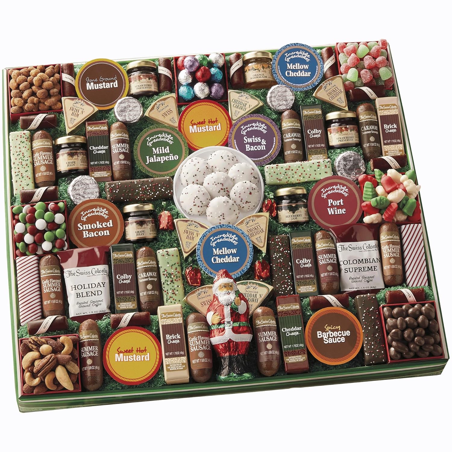 The Swiss Colony Santa's 77 Favorites Food Gift – Assorted Summer Sausage Meats and Cheeses, Chocolates, Candies, Spreadables, and Snacks, Holiday Gift Box for Adults, Women, Men, Charcuterie Boards