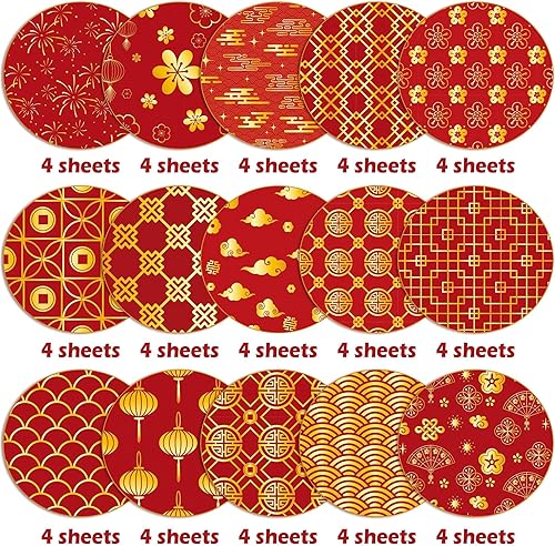 Miniatura 3 de Haooryx Juego de 60 piezas de papel estampado del Año Nuevo Chino, de doble cara de 11'x11', rojo y dorado, tema del Festival de Primavera, papel