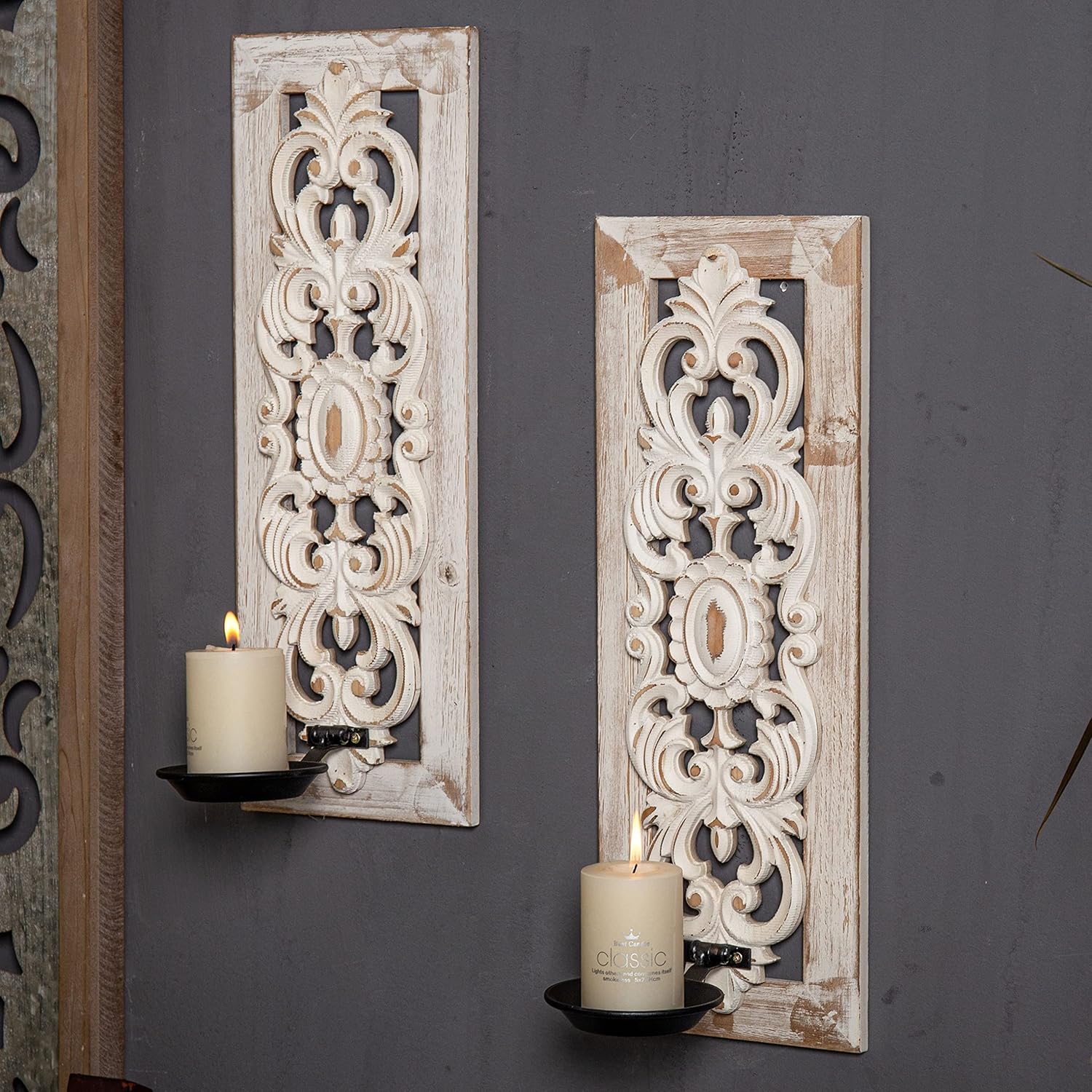 SOFE Openwork Carving Wall Candle Sconces Set of Two, Distressed Finish Wood Candle Holder Walls Decor Living Room, Rustic Farmhouse Candle Wall Sconces, Bedroom Hallway