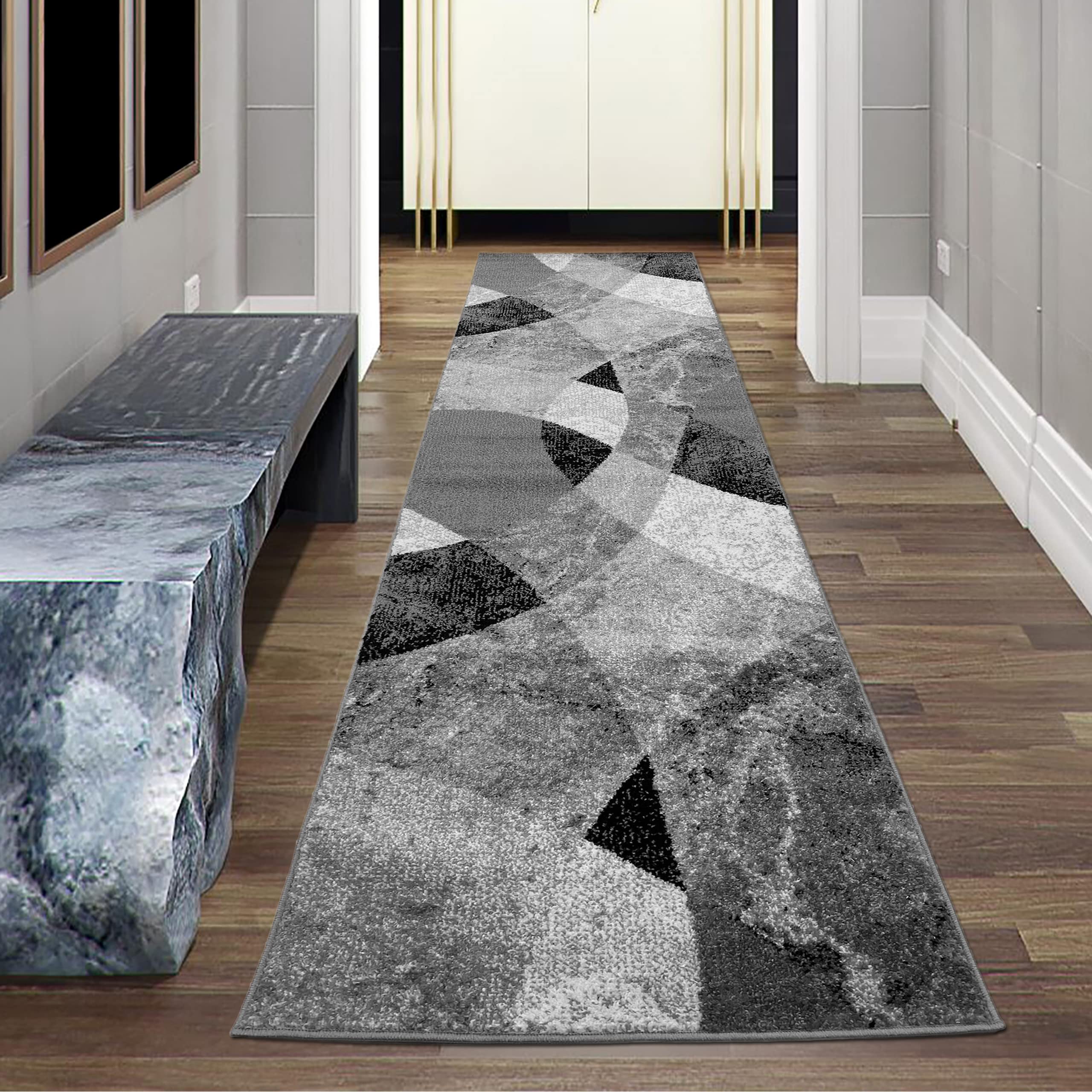 Moderner Wohnzimmer Teppich abstraktes Wellen Rauten Design marmoriert in schwarz grau - pflegeleicht Größe 80 x 300 cm