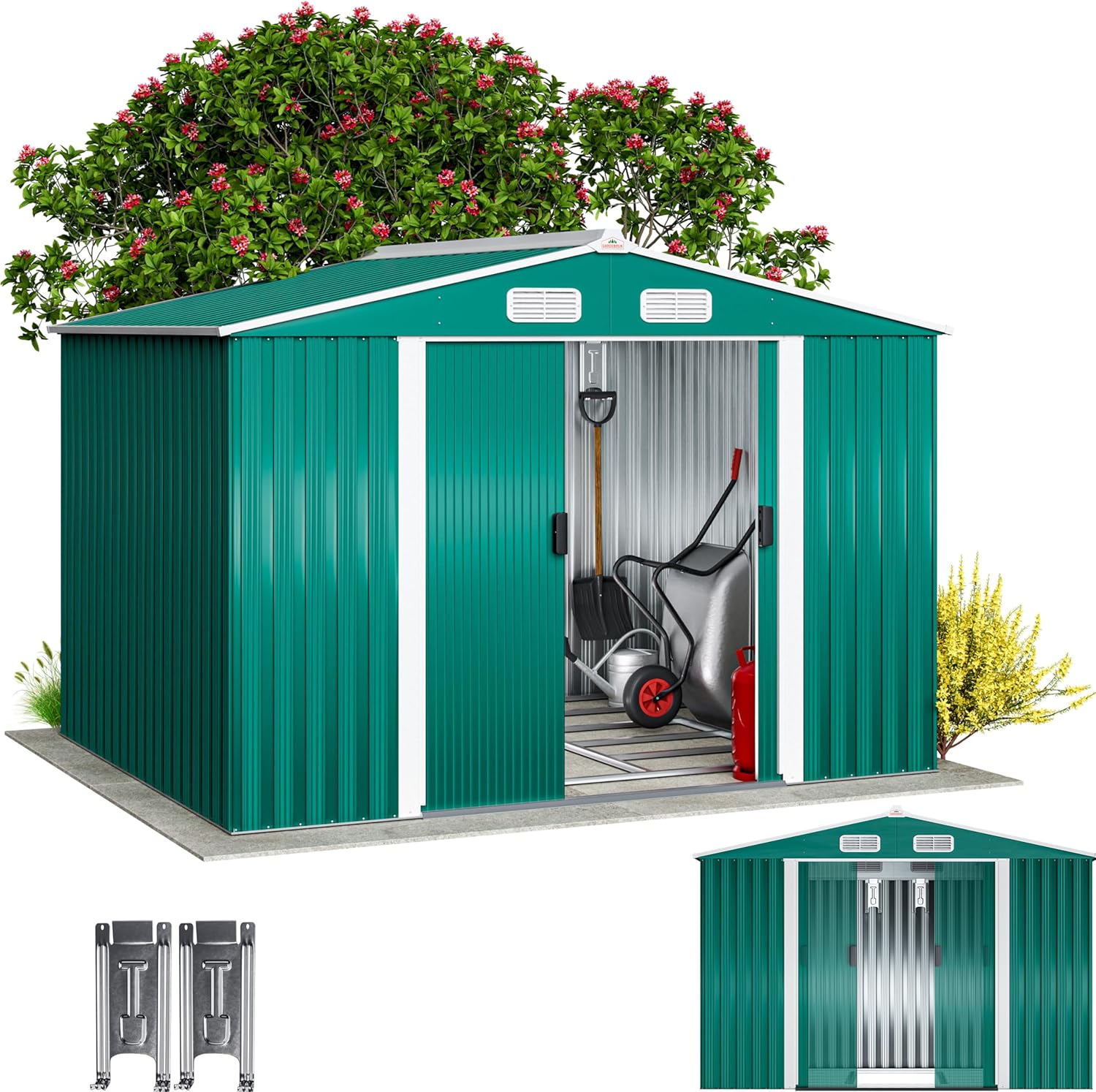 Deuba Cobertor de jardim 8,4 m³, verde 257 x 205 x 177,5 cm, casota de ferramentas 5 m² com porta de correr e janelas