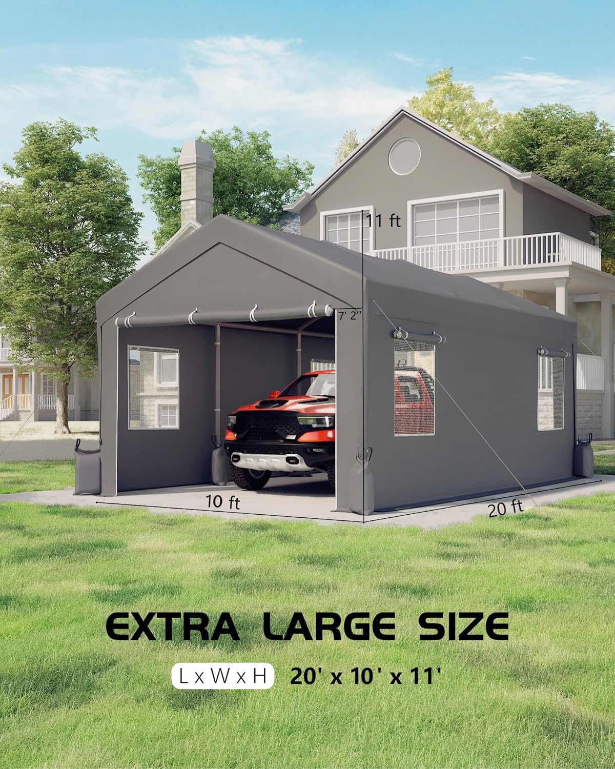 20x10x11 Ft Heavy-Duty Portable Garage with Canopy Top, Front and Back Doors, Roll-Up Windows, Carport Reinforced Structure for Cars, Trucks, Boats, and Parties - Gray 20x10x11 Ft Heavy-Duty Portable Garage with Canopy Top, Front and Back Doors, Roll-Up Windows, Carport Reinforced Structure for Cars, Trucks, Boats, and Parties - Gray