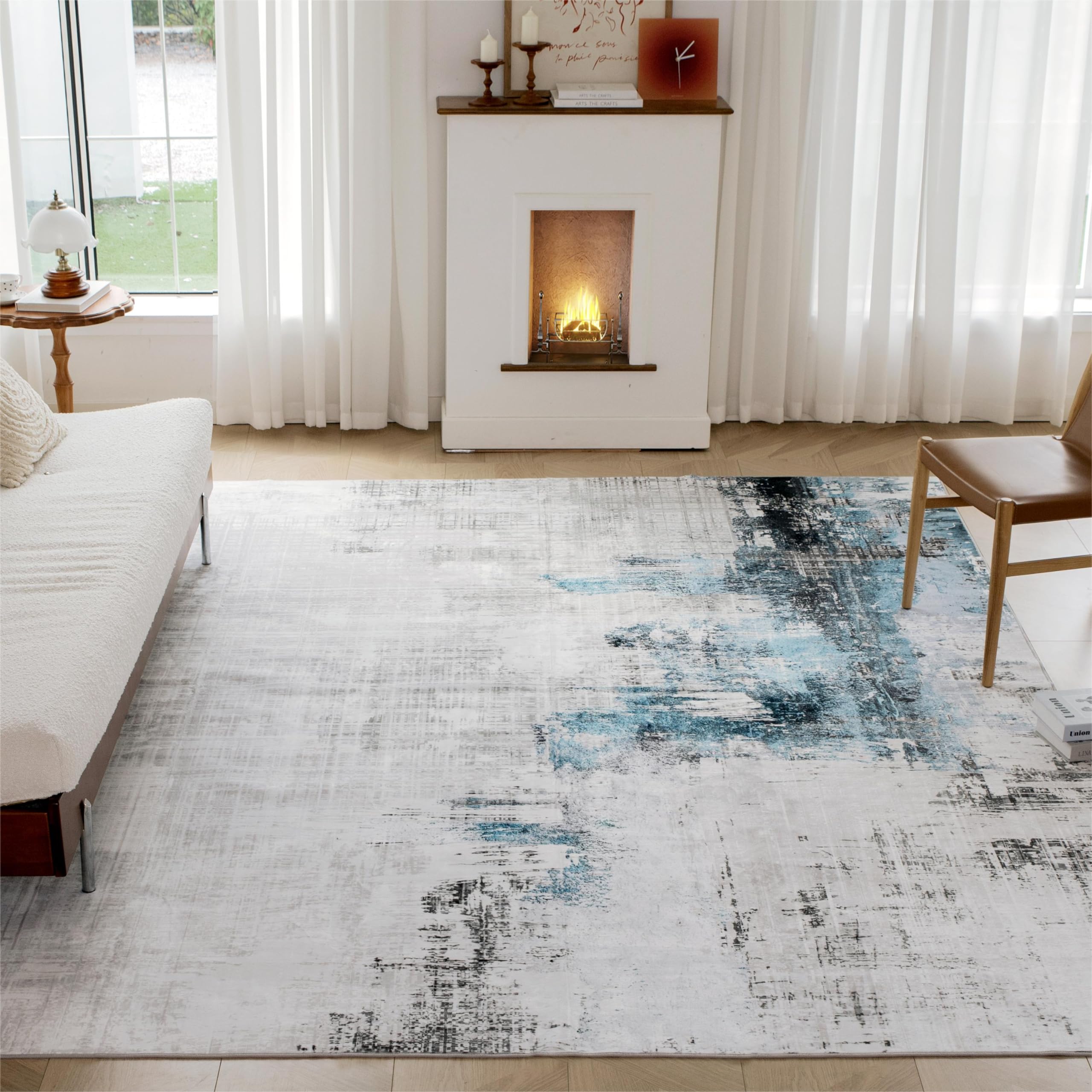 Syalife Boho Area Rug, Non Shedding 8x10 Washable Rug with Non Slip Backing, Blue Abstract Modern Carpet, Indoor Bohemian Thin Mat for Living Room Entryway Bedroom Kitchen - Blue