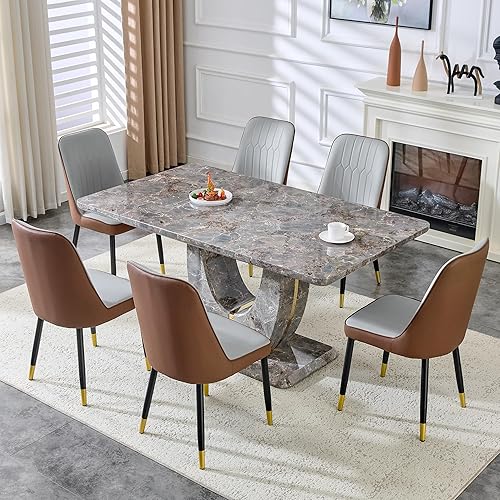 Miniatura 29 de JUFU Juego de mesa de comedor moderno para 6, juego de mesa de cocina de 63 pulgadas con mesa de mármol sintético y 4 sillas tapizadas de piel