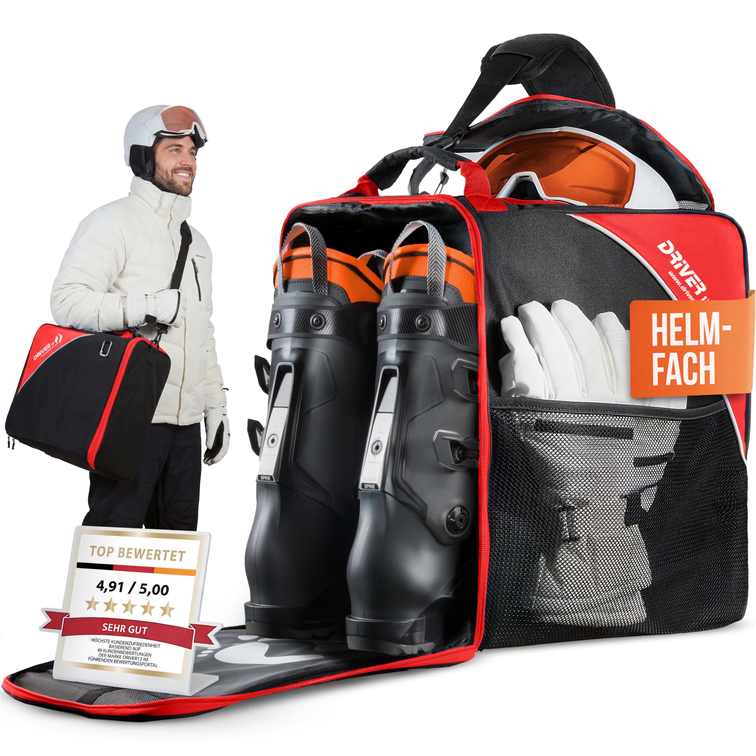 Driver13 ® Bolsa para Botas de esquí Bolsa para Botas de esquí con Compartimento para Casco para Botas Blandas duras inliner y Bolsa para Botas Negro-Rojo