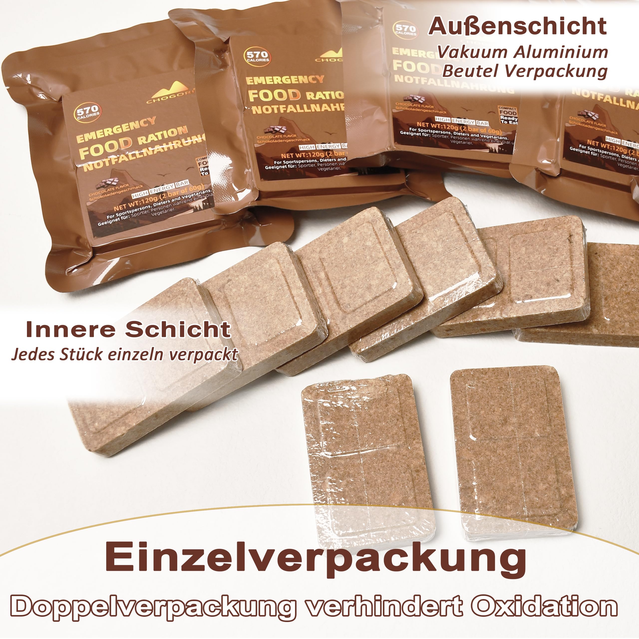 Notfallnahrung - Schokoladengeschmack Notfallvorräte, 6840 kcal Notnahrung, Lange Haltbarkeit Notration, für Trekking, Wandern, Bergsteigen und im Notfall, 12 Stück