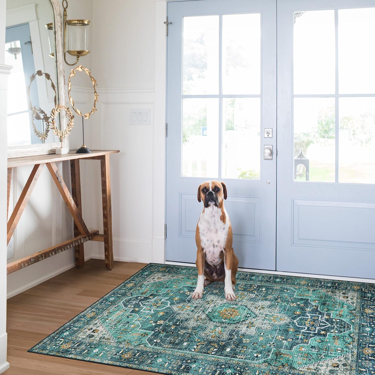 Moynesa Ultra-Thin Washable Vintage Area Rug - 3x5 Boho Entry Throw Rug Non-Slip Oriental Medallion Bedroom Mat Non-Shedding Indoor Floor Carpet for Living Laundry Room, Teal/Mutil