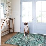 Moynesa Ultra Rug de la région vintage lavable, 3x5 Vieille entrée Rug Non Slip Oriental Médaillon Mat de chambre Non Shedding Tapis intérieur pour salon de blanchisserie, Teal/Mutil