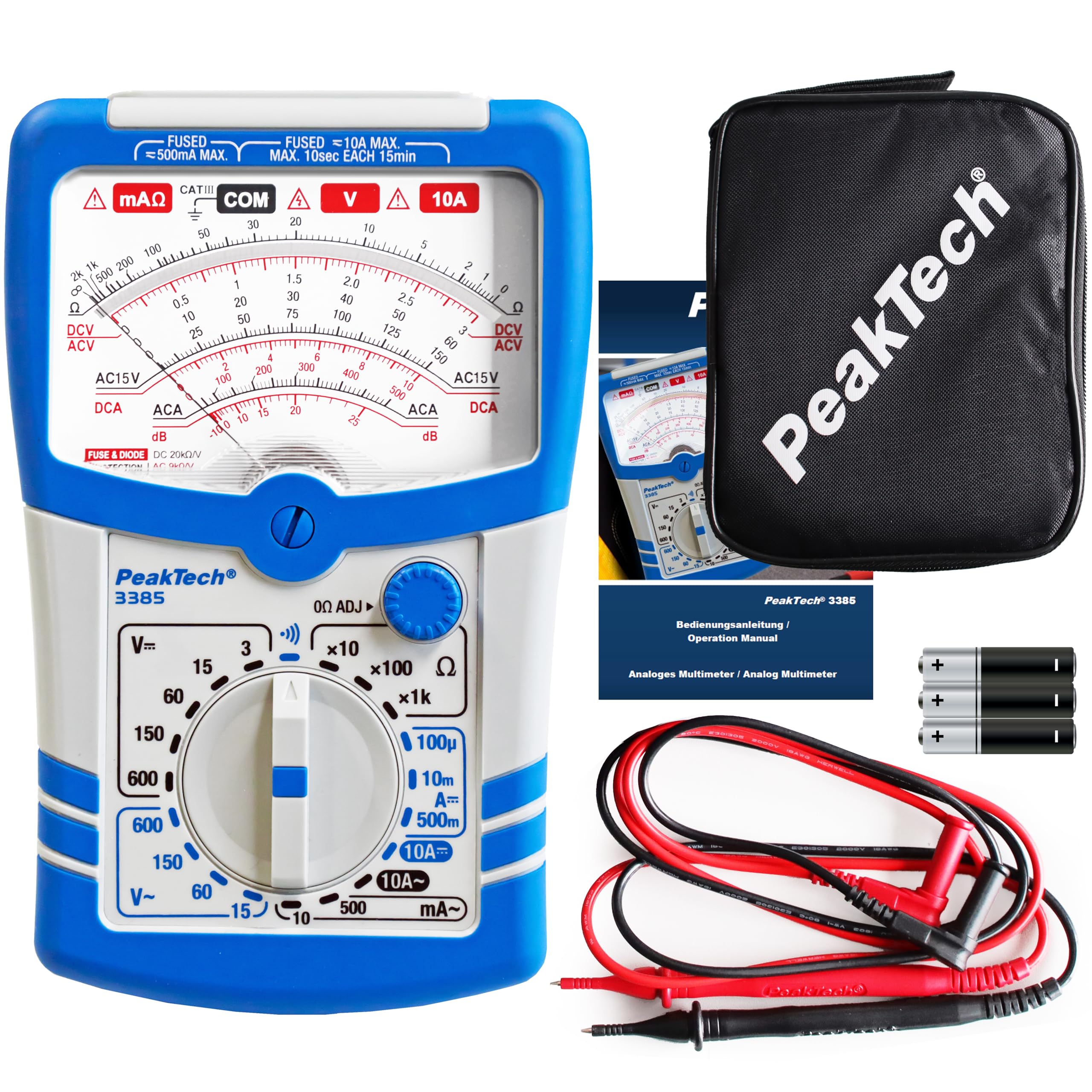 Davanti view of the PeakTech 3385 Analog Multimeter, showing the analog display, selector dial, and input jacks.