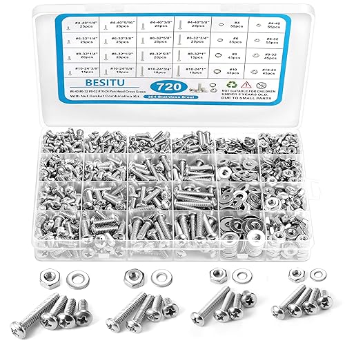 Kit surtido de tornillos de máquina de 720 piezas, 10-24#8-32#6-32#4-40 Phillips Pan Head Surtido de pernos y arandelas planas, tornillos de acero