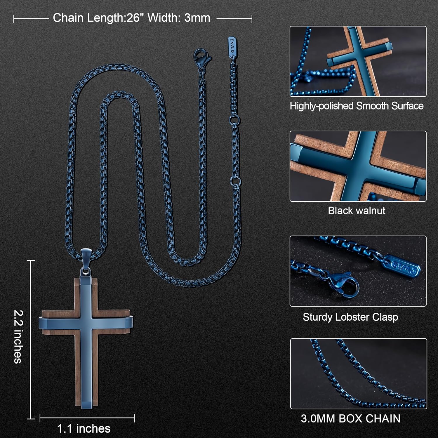 Wooden Cross Necklace for Men-Black Ebony Stainless Steel Adjustable Box Chain 24-26in,Christian Jewelry Gift for Men Women - Image 2