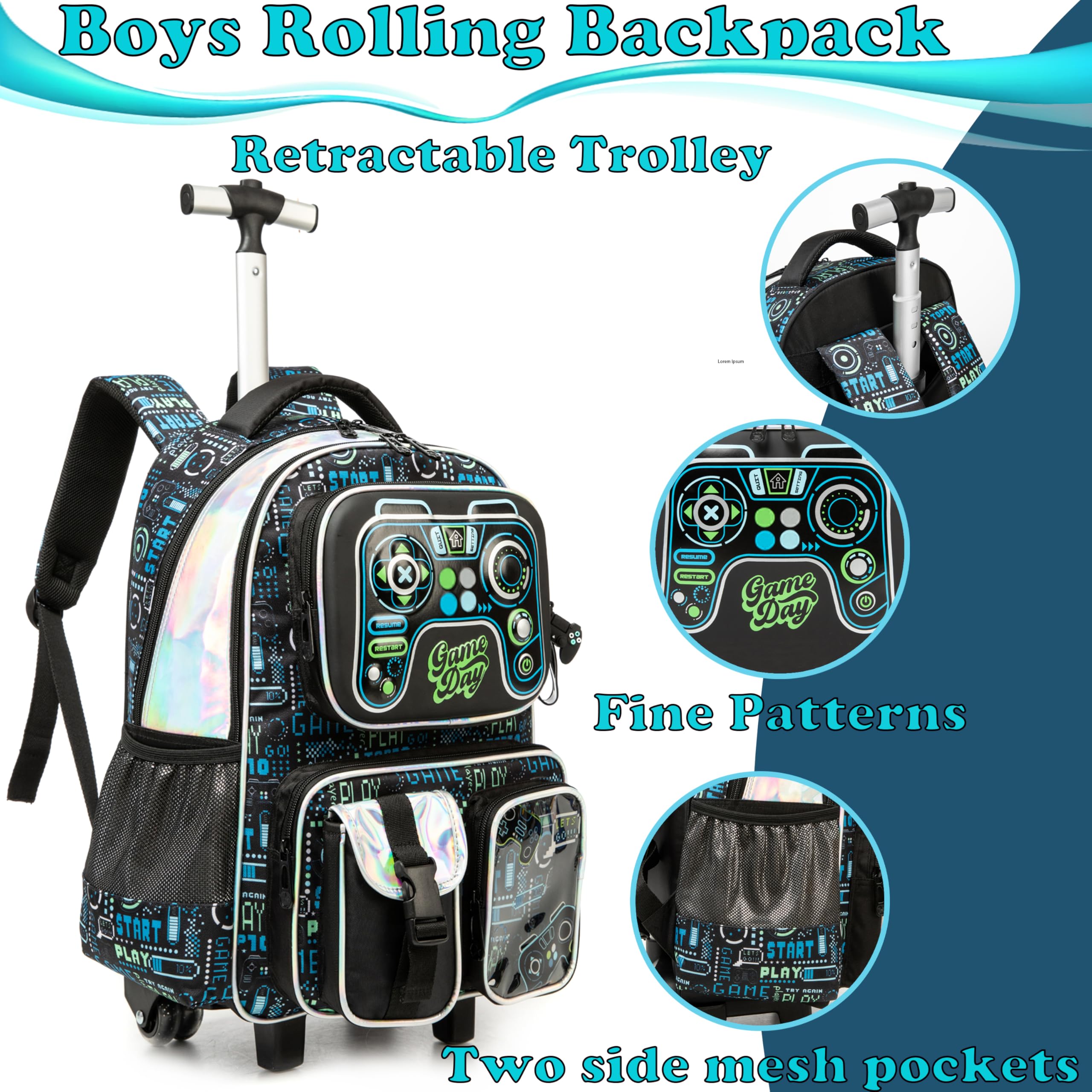 Kinder Rolling Rucksack für Jungen Gamepad Koffer Trolley Roller Gepäck Rucksäcke auf Rädern mit Lunch Box Pencil Case für die Grundschule Mehrere Funktion Taschen Travel school Bag Blau