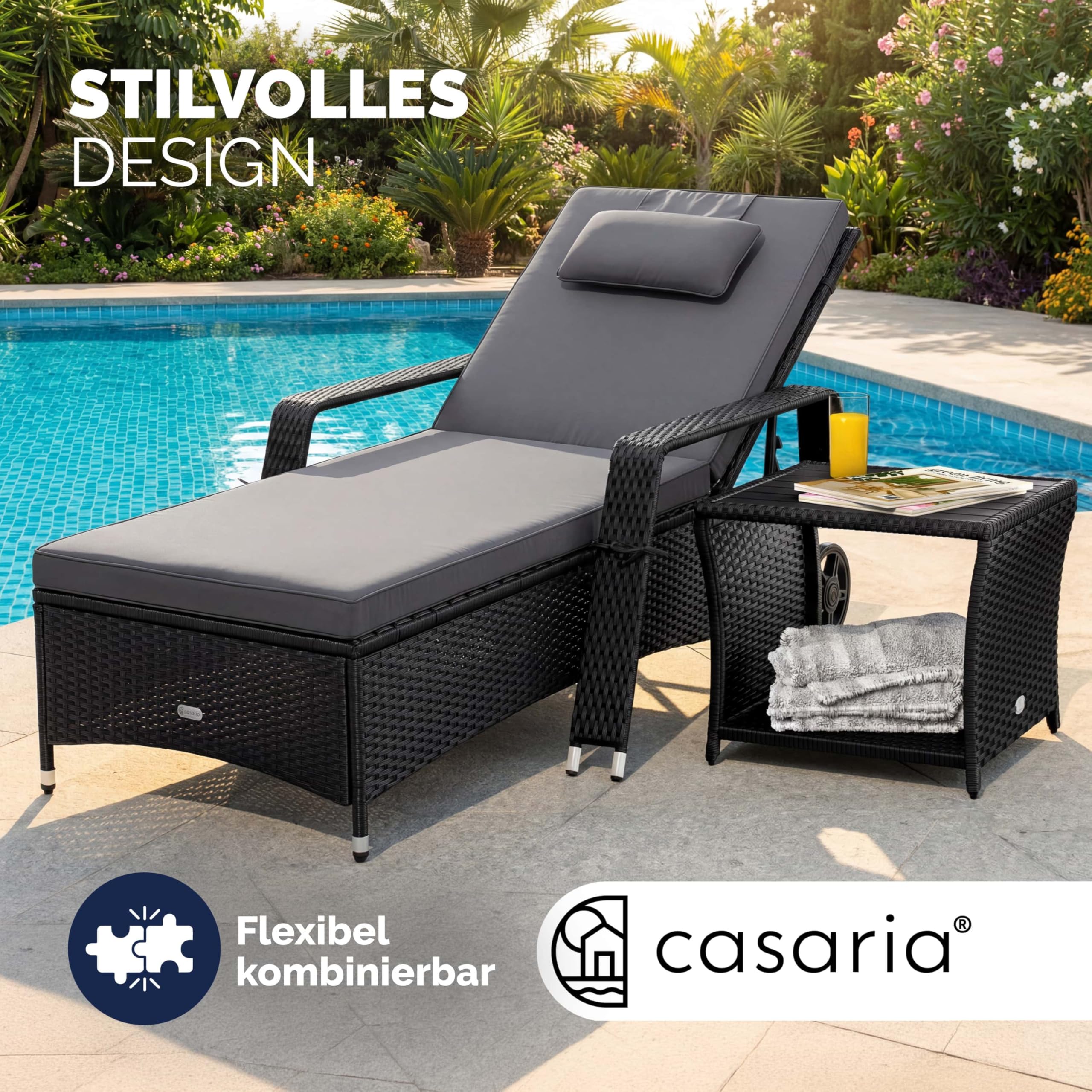Casaria® Sonnenliege 2er Set mit Rollen 7cm Auflage Extra Breit 90cm Gartenliege Wetterfest 165kg Belastbar Terrasse Balkonmöbel Liegestuhl Schwarz Anthrazit