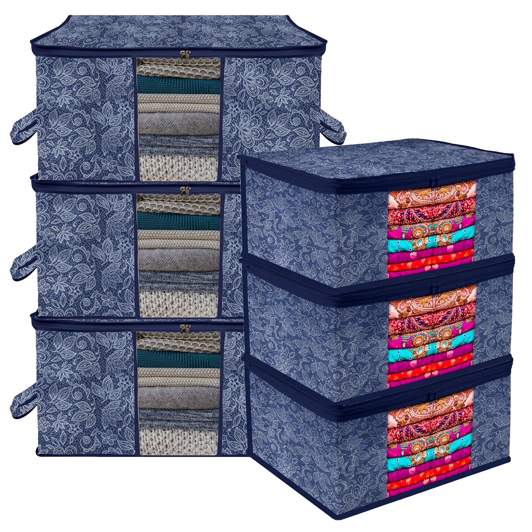 Kuber Industries Set of 6 Saree Cover & Underbed Storage Combo | 3 Pieces Saree & 3 Pieces Underbed Storage Bag with Handle | Garments Clothing Cover | Flower Printed | Navy Blue-picture-12