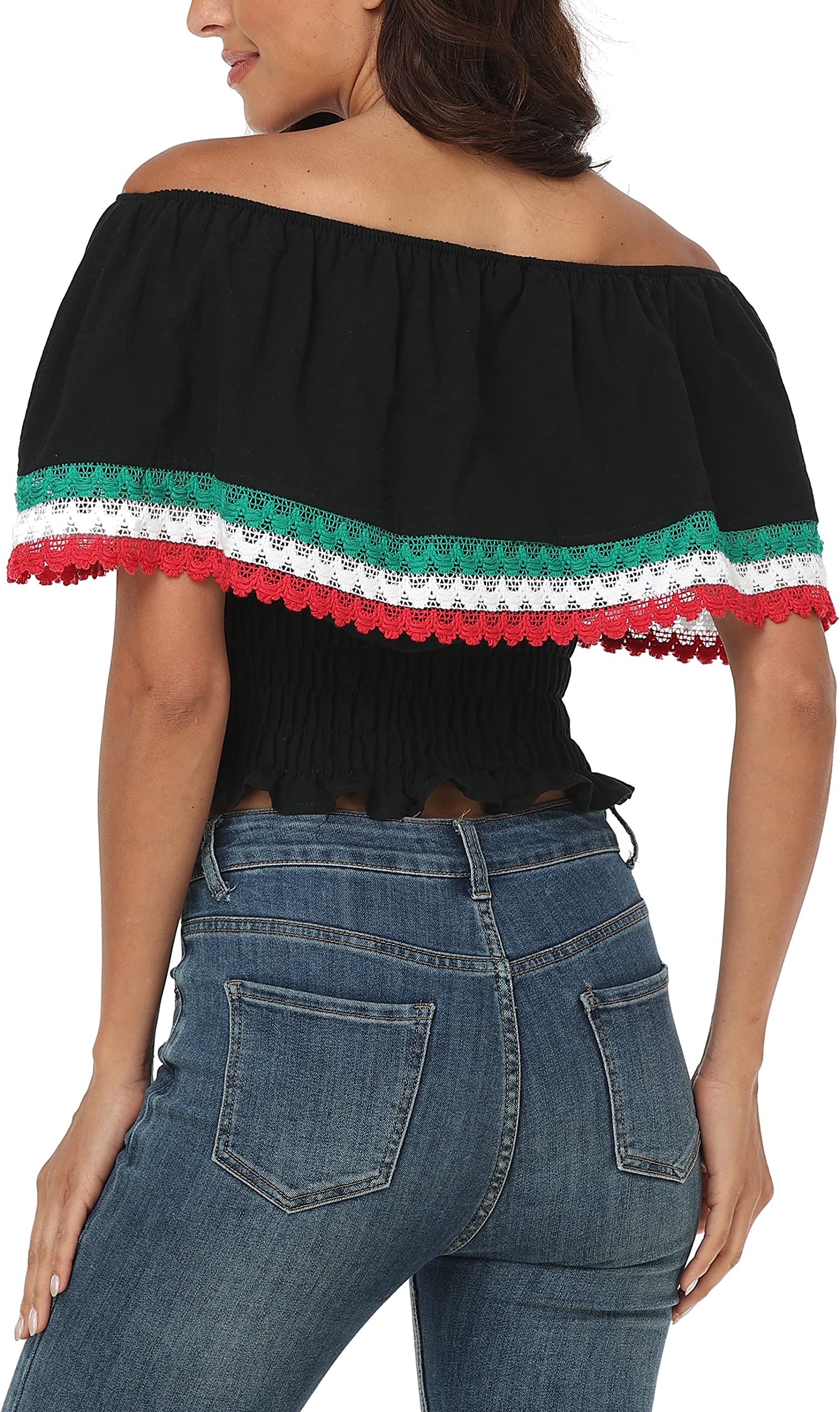 YZXDORWJ Mexikanisches Damen-Shirt, bestickt, schulterfrei, Spitze, Falbala-Top