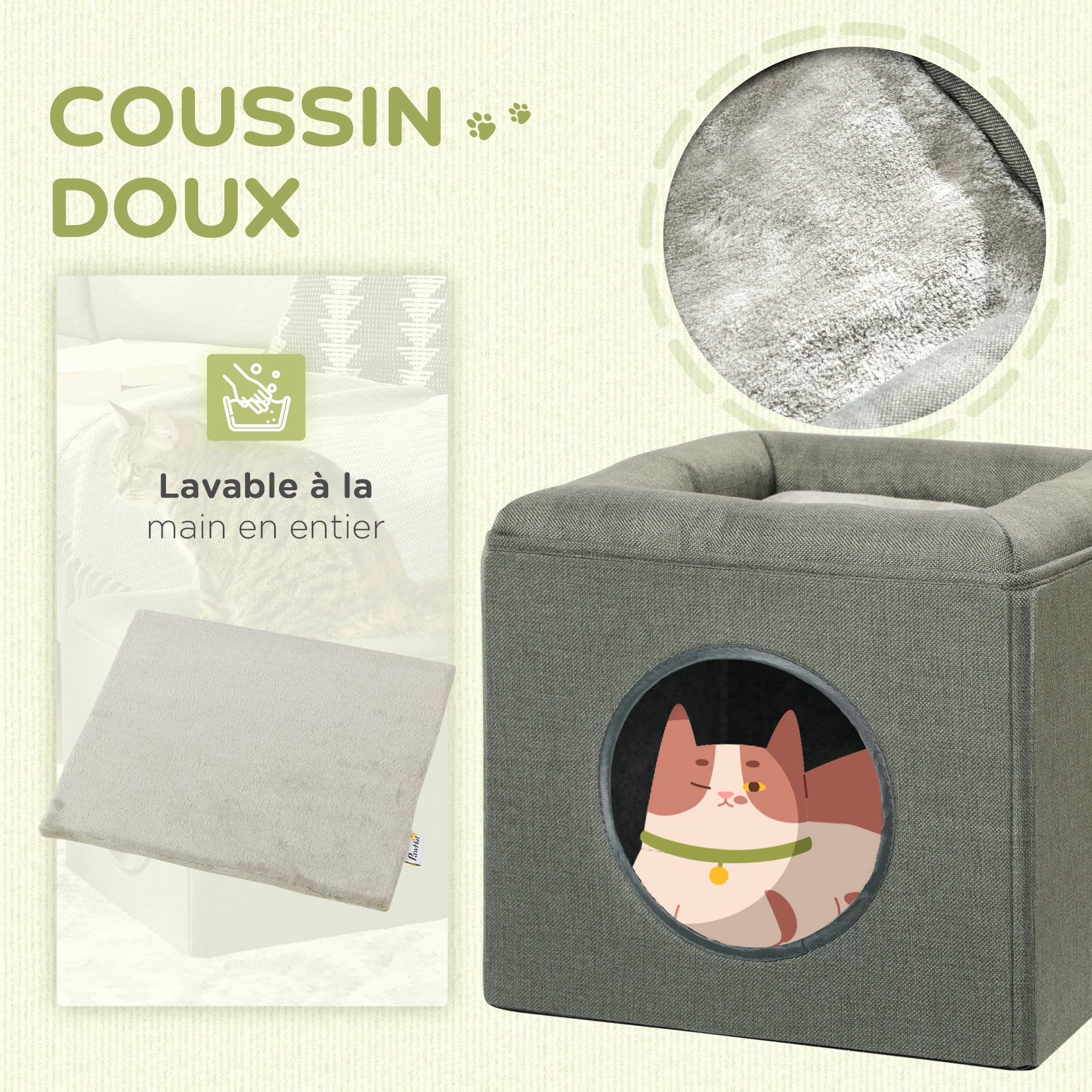 PawHut Maison Niche pour Chat 2 Niveaux avec Coussin Moelleux en Peluche - 36,5 x 36,5 x 33 cm Gris