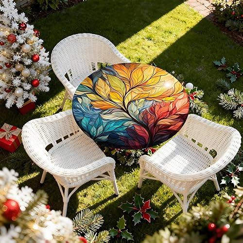 Vista 6 de Mantel redondo ajustable con borde elástico, mantel de hojas coloridas abstractas, impermeable, lavable, para mesas redondas, ideal para picnic