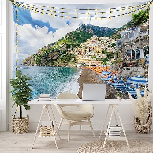 Miniatura 7 de Lunarable Tapiz de la costa de Amalfi, tumbonas y sombrillas en la playa, casas de pueblo antiguo Positano on Campania, Italia, decoración de tela