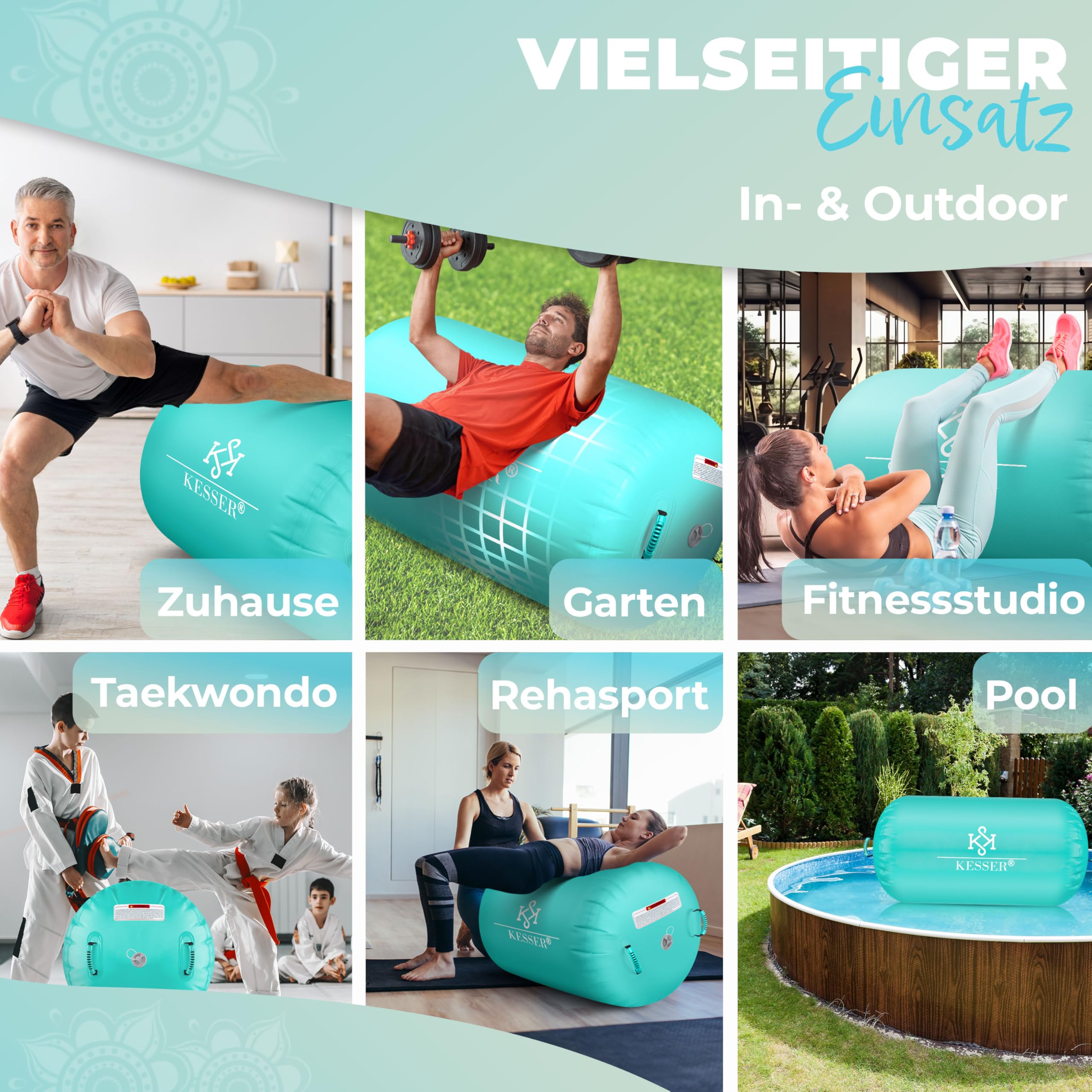 KESSER® Aufblasbare Airtrack | inkl. Tragetasche & elektr. Luftpumpe | Barrel Tumbling, Yoga, Fitnessmatte, Trainingshilfe, Turnmatte, Balance Trainer, Sportmatte, Gymnastikmatte, Workout