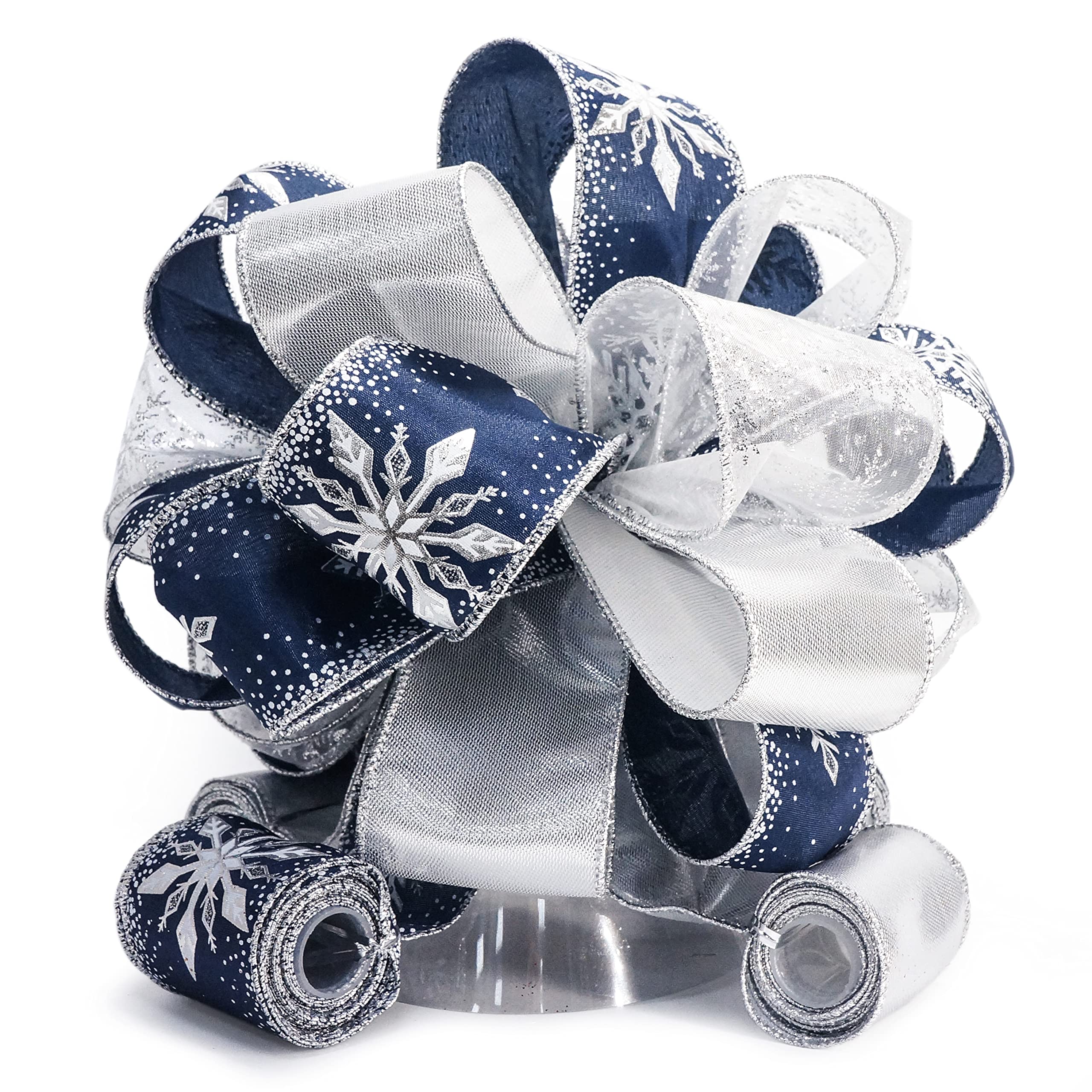 CT CRAFT LLC Christmas Tree Topper Bow - Bow: 11" sq. - Tails: 3 Yards Long Each - Blue Snowflake