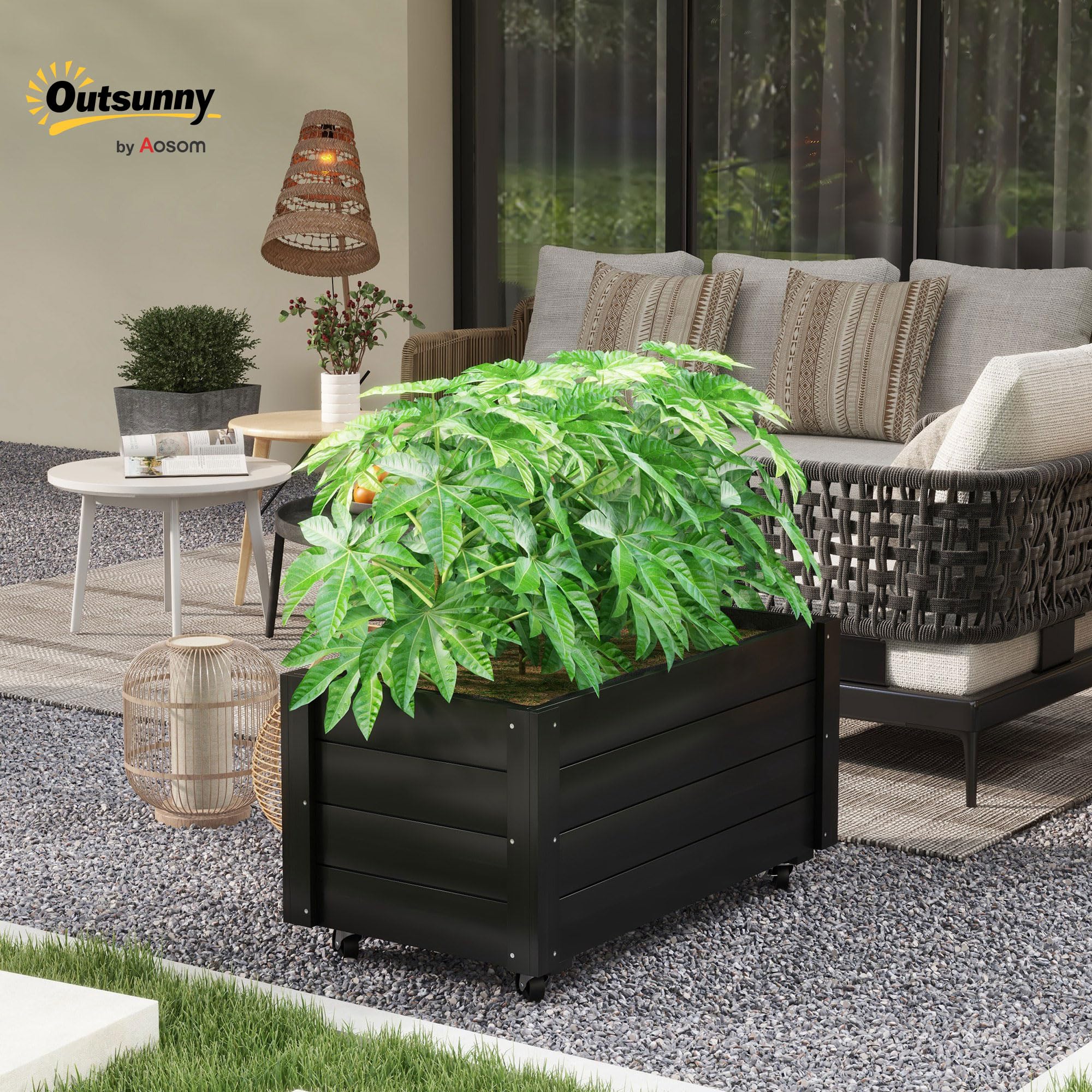Outsunny Hochbeet Pflanzbeet mit Rollen Massivholz 89x48x47cm Schwarz