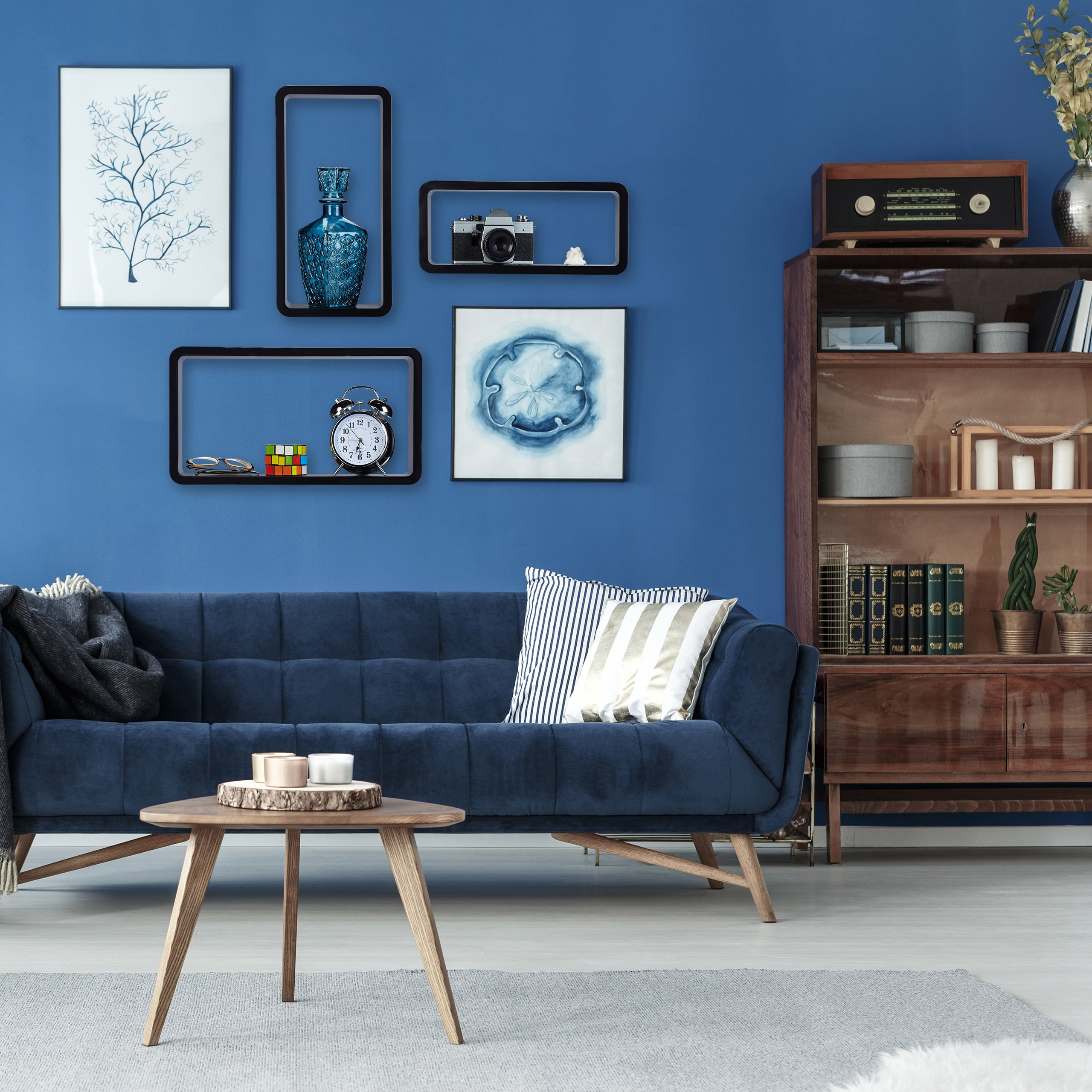 Relaxdays Estantes Pared en Forma de Cubo, Madera, Blanco y Azul, 10x44x24 cm, 3 Unidades