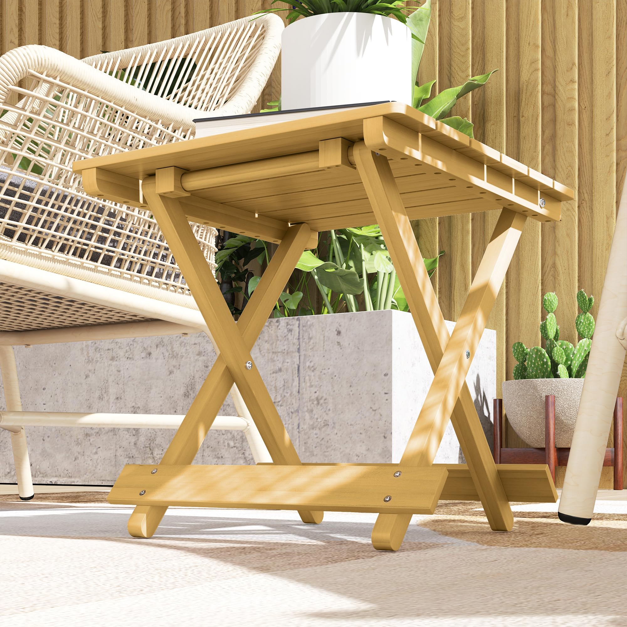Outsunny Table Basse Pliante en Bois Massif, Table d'appoint Pliante, 40 x 43 x 40 cm, Bois Naturel