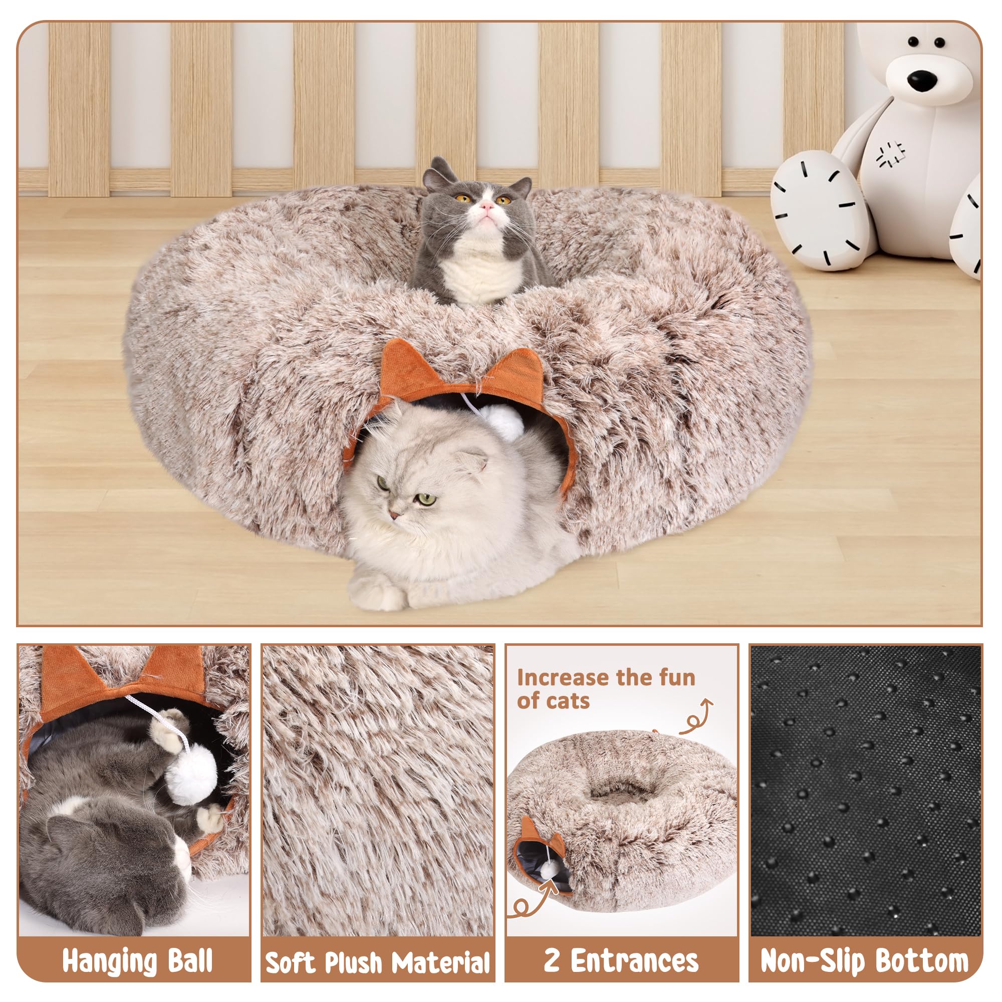 Cama tipo túnel para gatos de interior, suave felpa Peekaboo Cat Cueva Donut Túnel para gatitos, cachorros, conejos, hurones