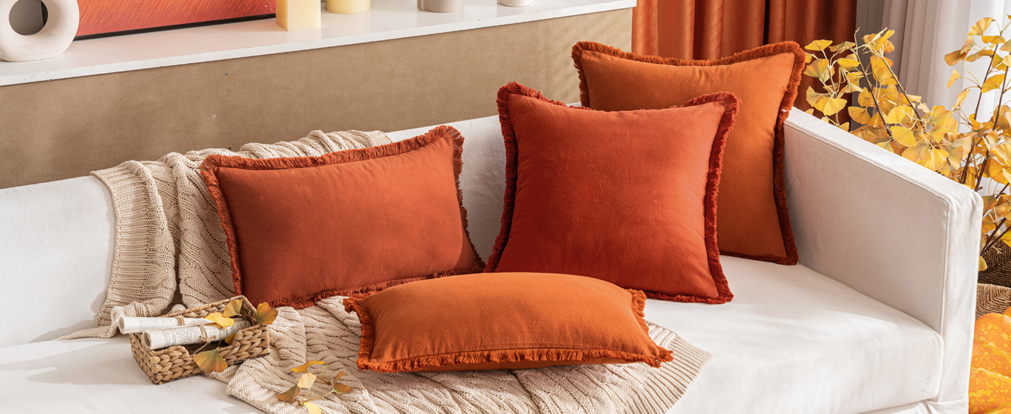 ASHCROFT Furniture Anthony Burnt Orange Pillow Back Velvet Sofa, image size:1464x600