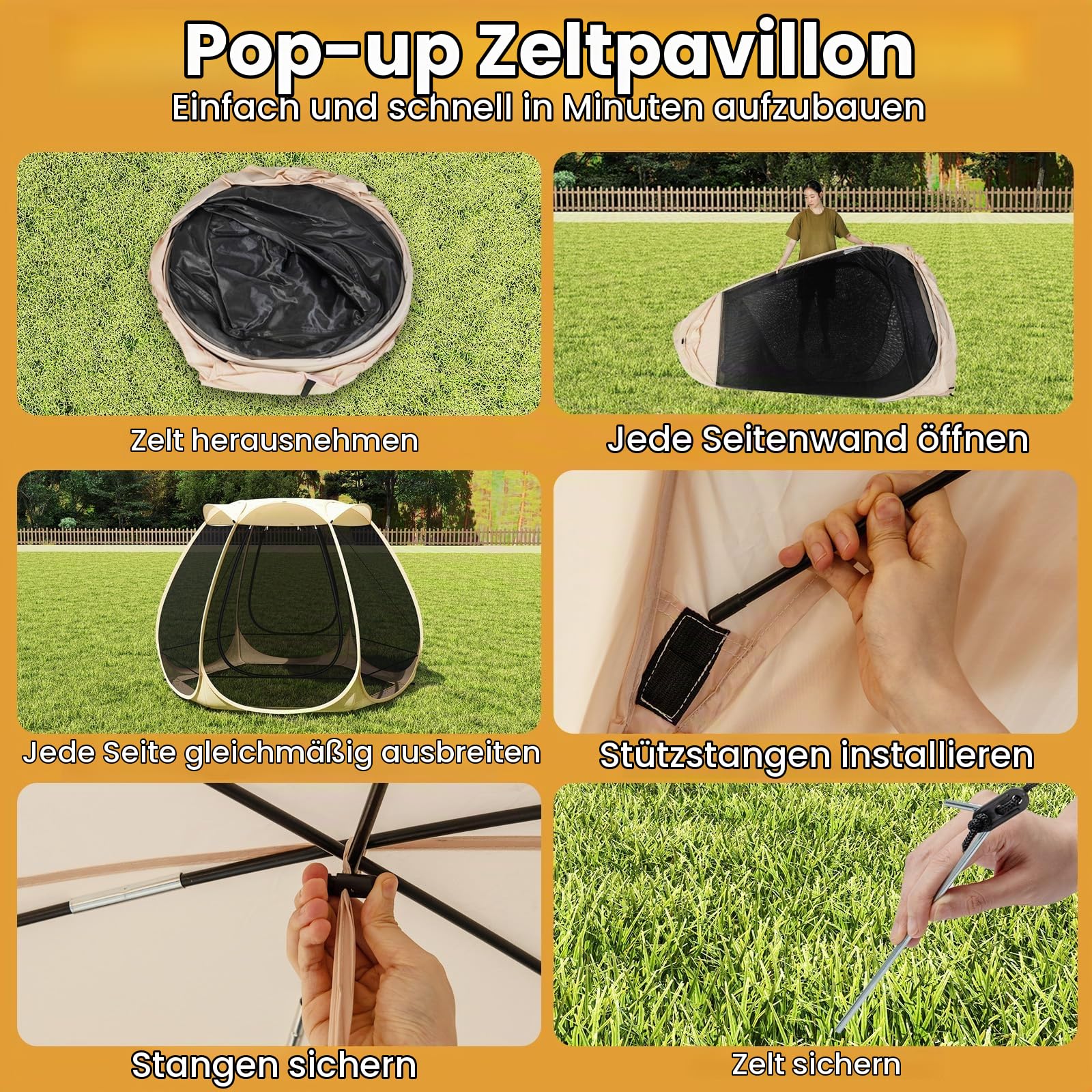FANTASK Pop-Up-Zelt, faltbares Pavillon mit Rundum-Mesh & Tragetasche & Sonnendach, Sonnenschutzzelt für 4–6 Personen, Campingzelt Screen House für Garten, Terrasse, Hinterhof