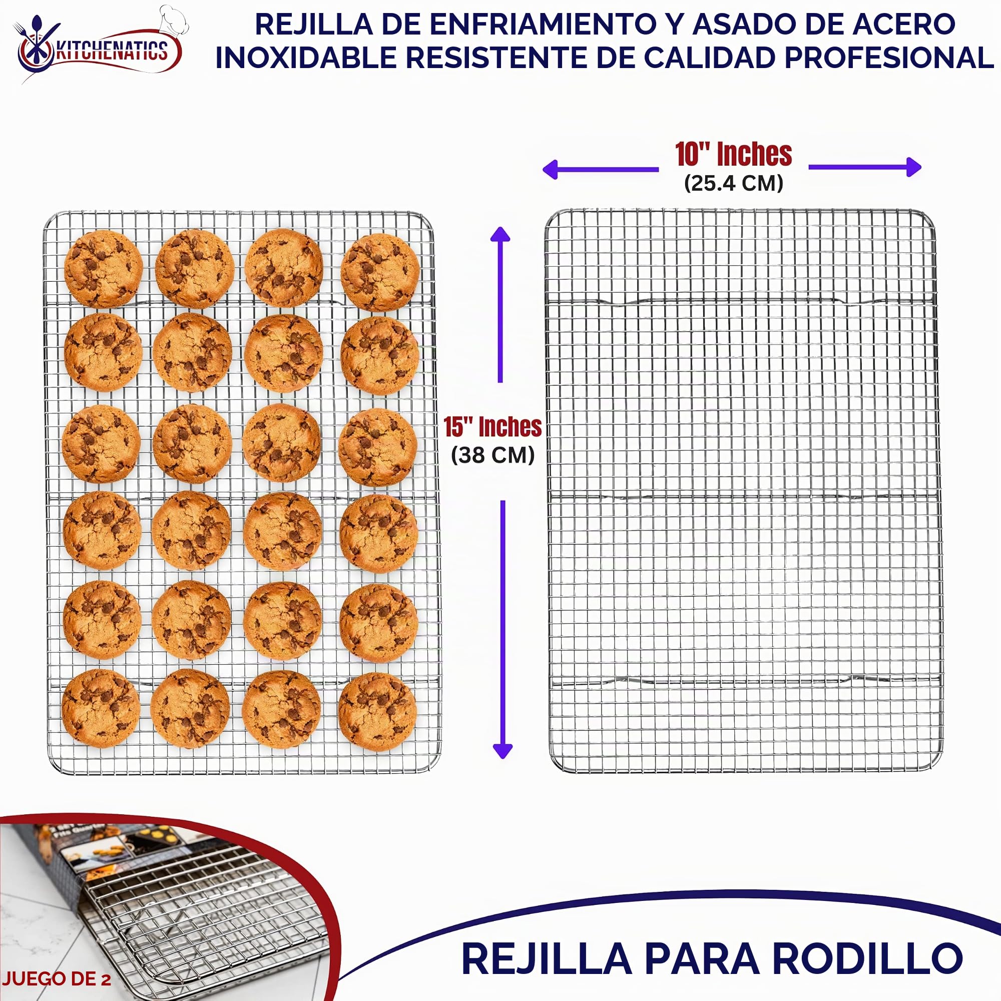 Rejilla Para Enfriar y Hornear de Acero Inoxidable, Parrilla Para Horno Para La Mayoría de Bandejas de Horno - Bandeja Para Galletas y Bizcochos, Utensilios de Repostería - 25,4 cm x 38,1 cm 2 PACK
