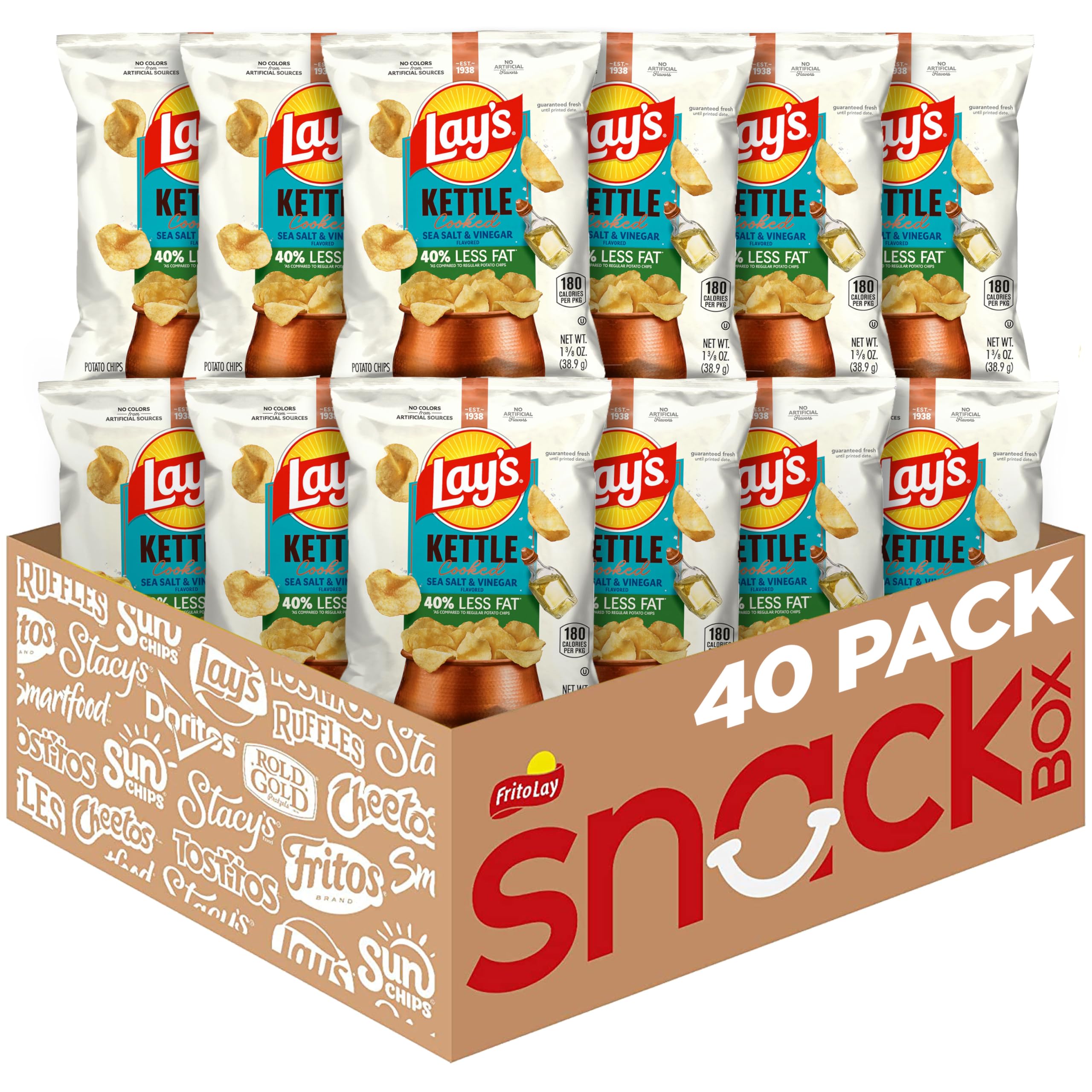 Kettle Cooked Potato Chips, 40% Less Fat Salt & Vinegar, 1.375 Ounce (Pack of 64)