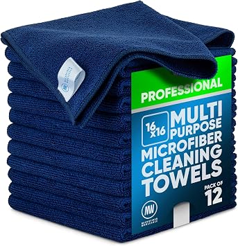 MW Pro Multi-Surface Microfiber Towel   12 Pack | Premium Cleaning Cloth | Clean, Buff, Dust, Polish, Absorb | Large 16"x16" Dark Blue