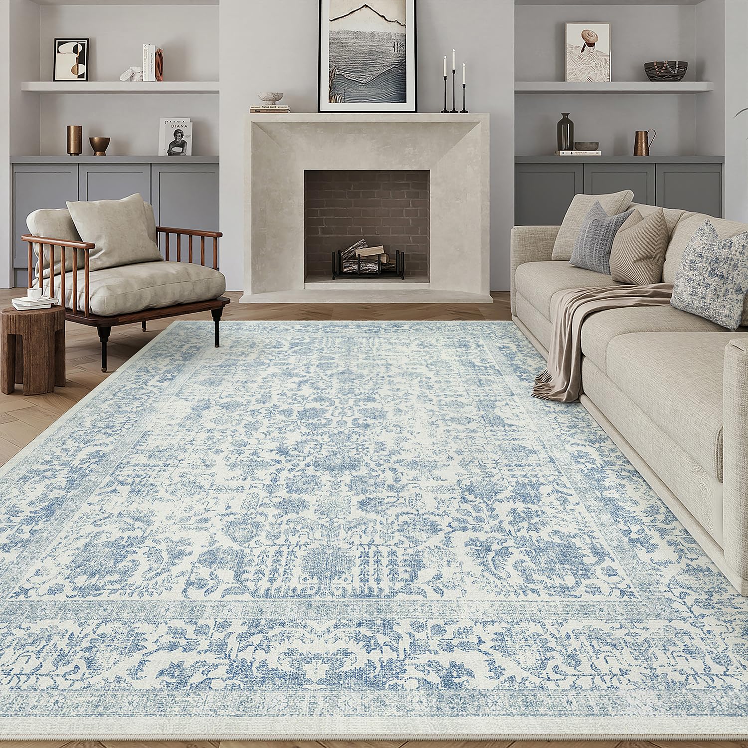 PureCozy Blue Area Rug 10x14 Machine Washable Large Vintage Living Room Distressed Non Slip Carpet Traditional Indoor Bedroom Grey Retro Floral Accent