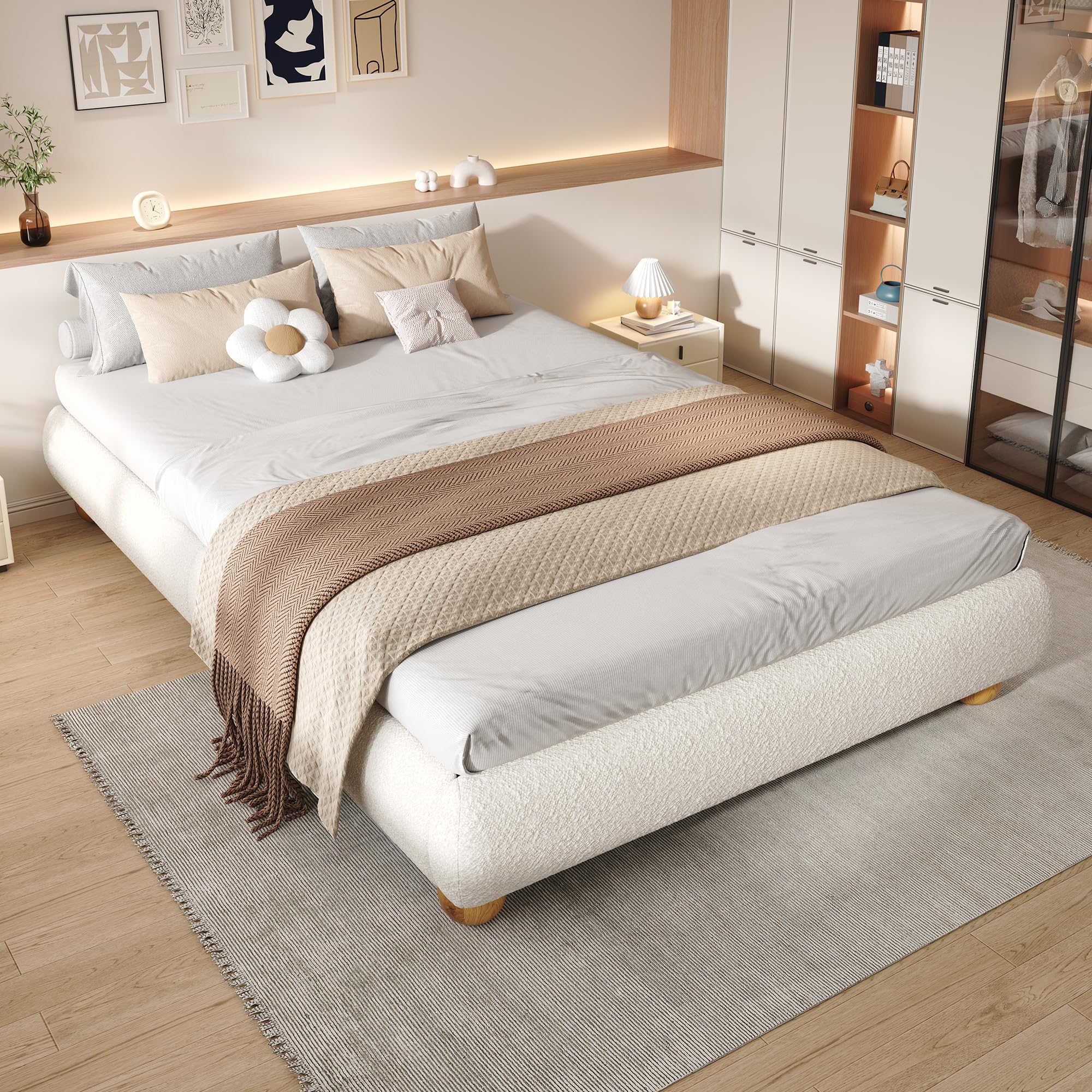 Merax Double bed frame, 4ft6 Double Upholstered Bed for kids, no Headboard, low bed frame, Unique circular bed leg design, Sturdy Wooden Slat Support, Velvet Fabric (No Mattress), Beige/135CM*190CM โ image 1