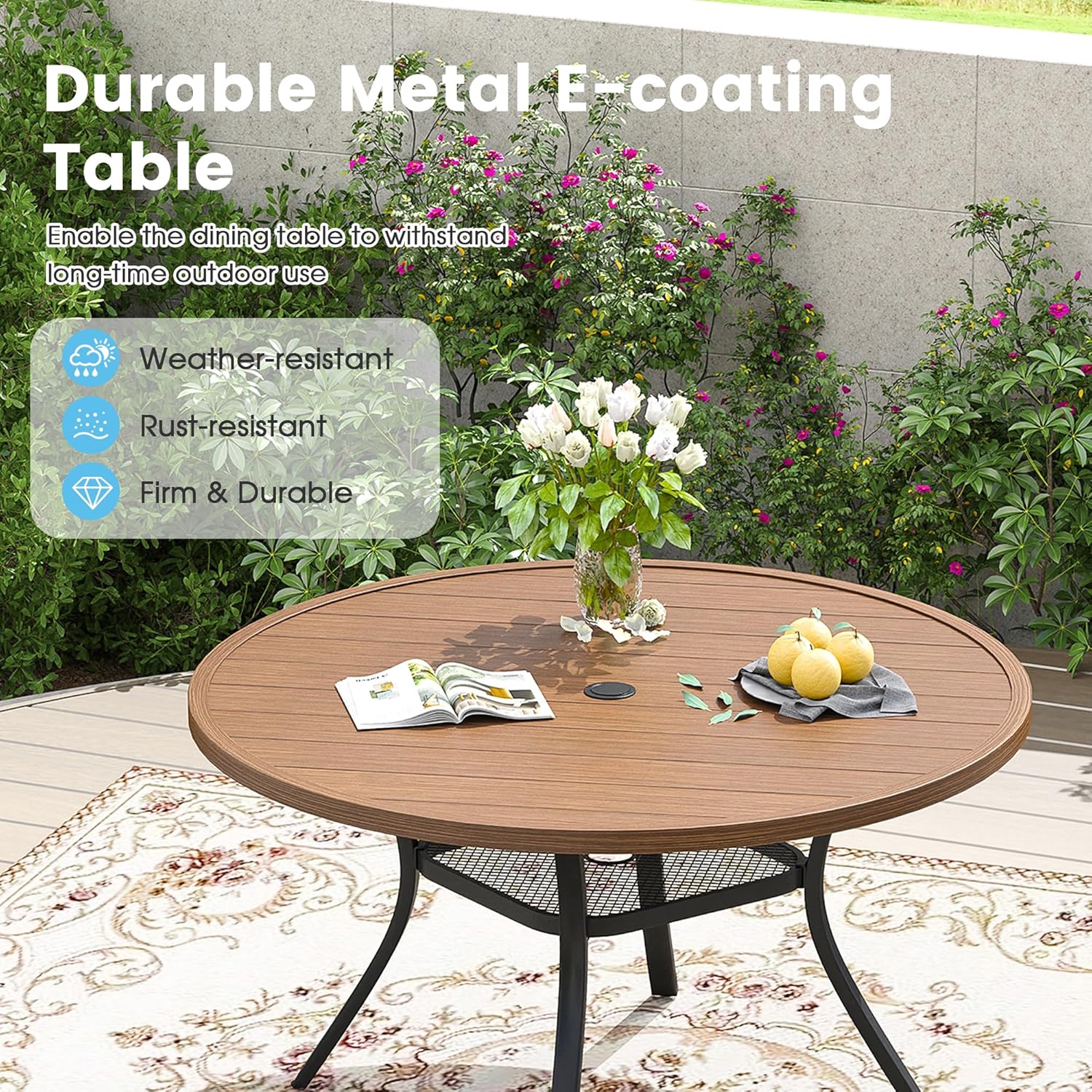 Patio Dining Table for 4-6, Round Metal Outdoor Table with 1.57" Umbrella Hole, 47" Outdoor Slat Tabletop Dining Table for Backyard, Porch, Lawn, Walnut