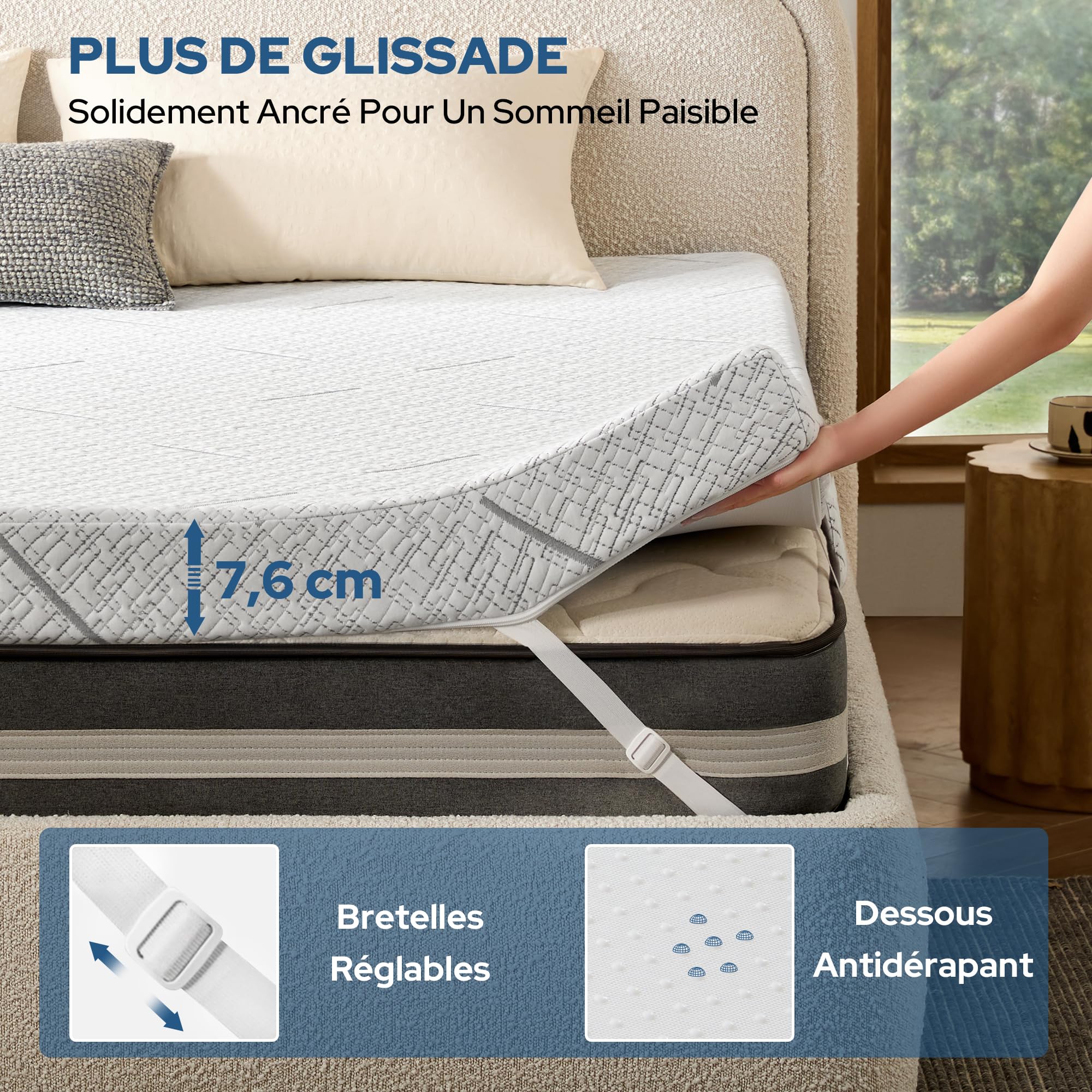 BEDLORE Surmatelas 140x190 cm Memoire de Forme H3, Housse de Matelas Amovible et Lavable, Épaisseur 7,6 cm, sur-Matelas avec Design Antidérapant Amovible et Lavable (Blanc)