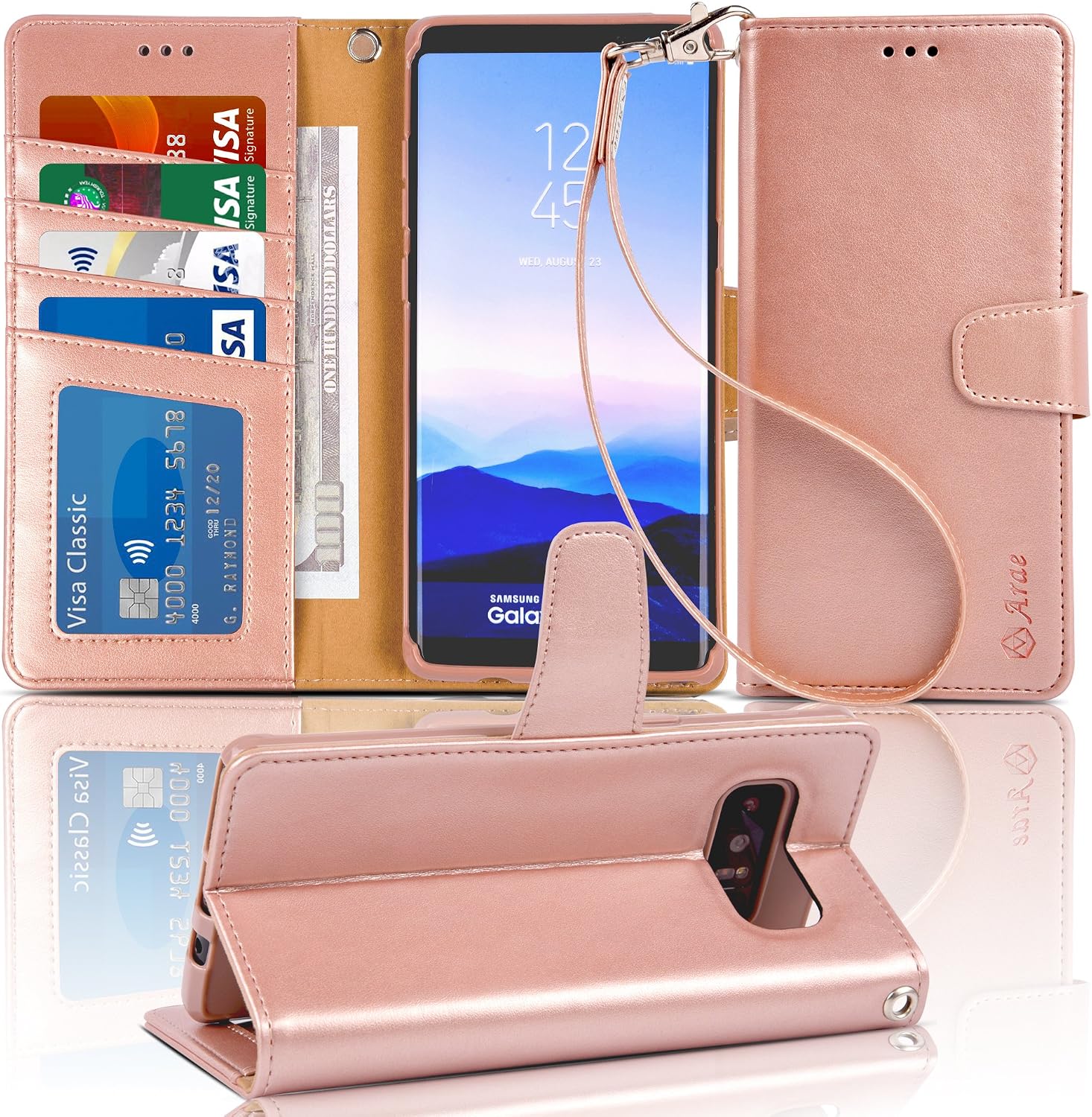 Arae Wallet Case Compatible for Samsung Galaxy Note 8 with Kickstand and Flip Cover (Rose Gold)