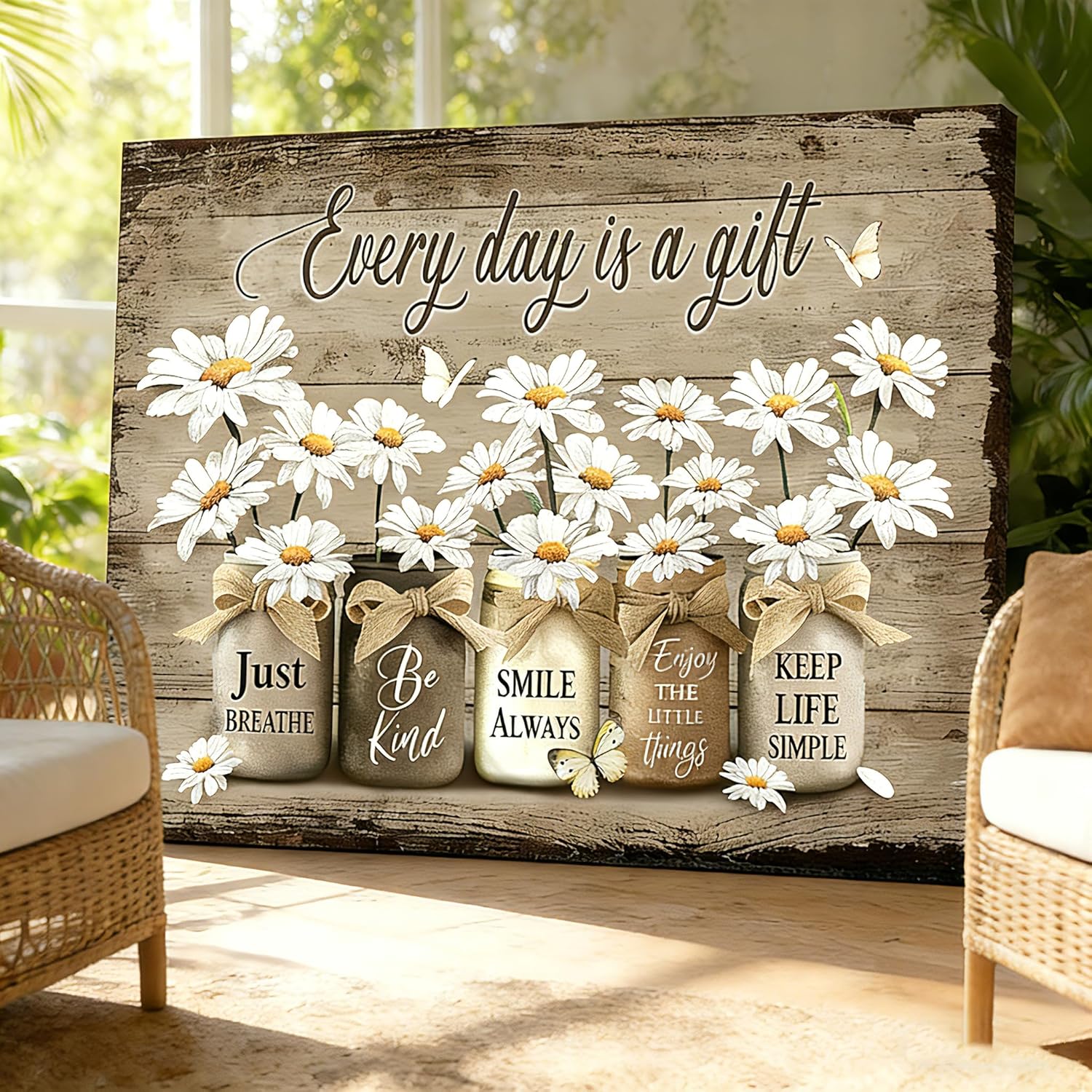 Rustic Flowers Wall Art Vintage Daisy Farmhouse Canvas Wall Decor Paintings Flower Butterfly Inspirational Posters Prints Pictures Artwork for Bathroom Bedroom Living Room Office 16x24 Inch