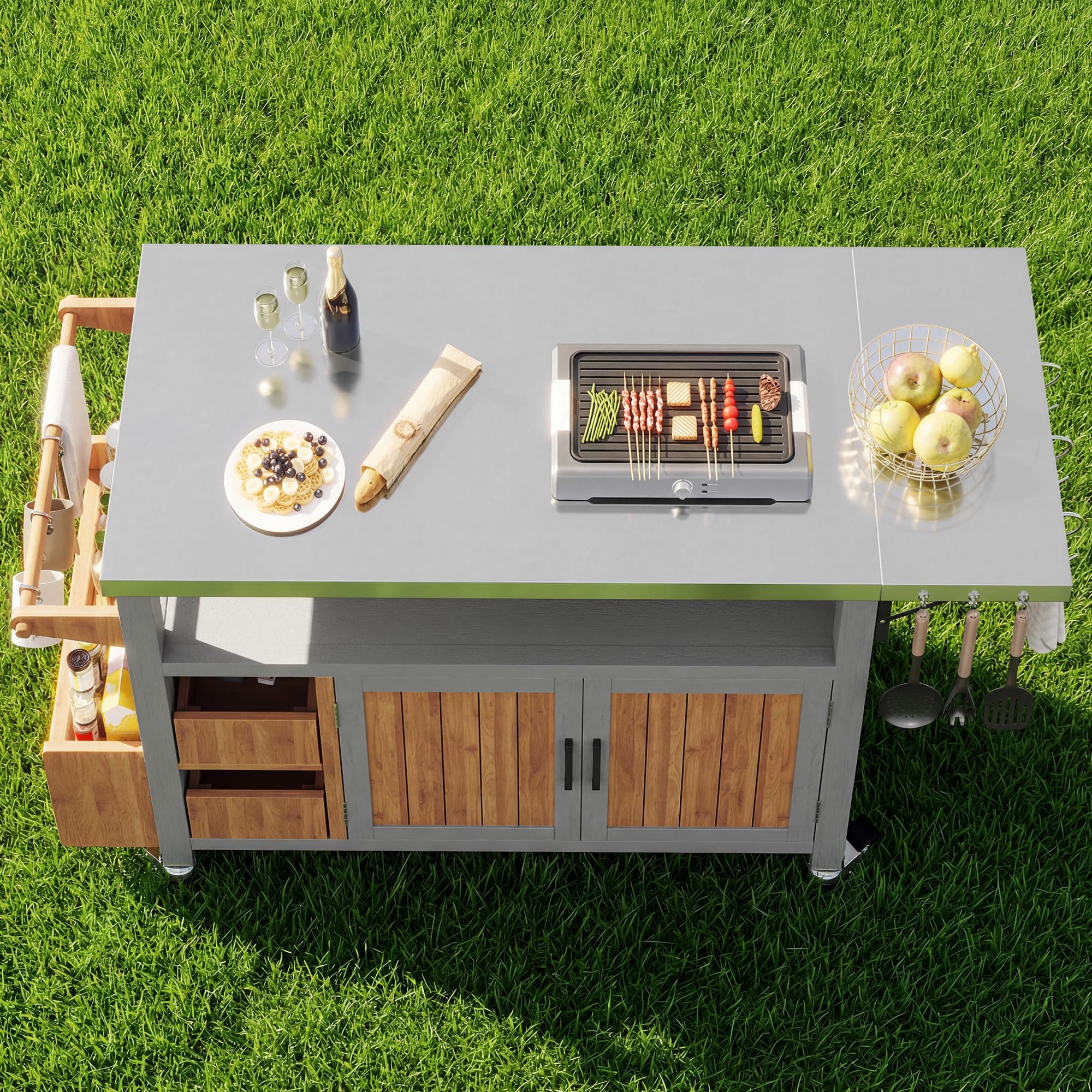 BBQ Beistelltisch, Beweglicher Gartenschrank, wetterfest, Arbeitsplatte aus Edelstahl, Grillwagen, Servierwagen mit ausziehbarer Seitenablage, 3 Haken, Regal für Snacks und Gewürze