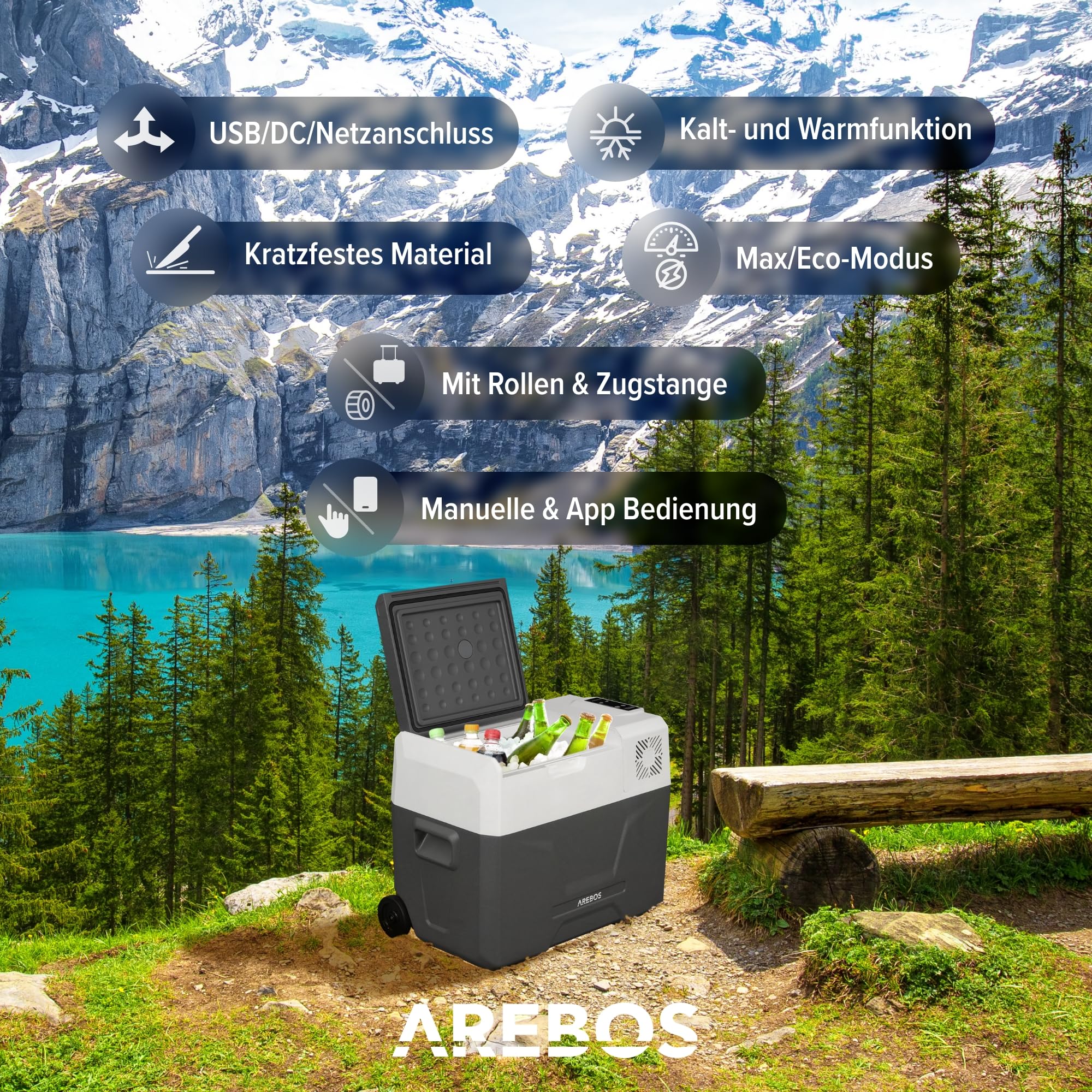 Arebos Kompressor Kühlbox 39 Liter 12/24V 230V bis -20°C mit APP Smart-Steuerung USB