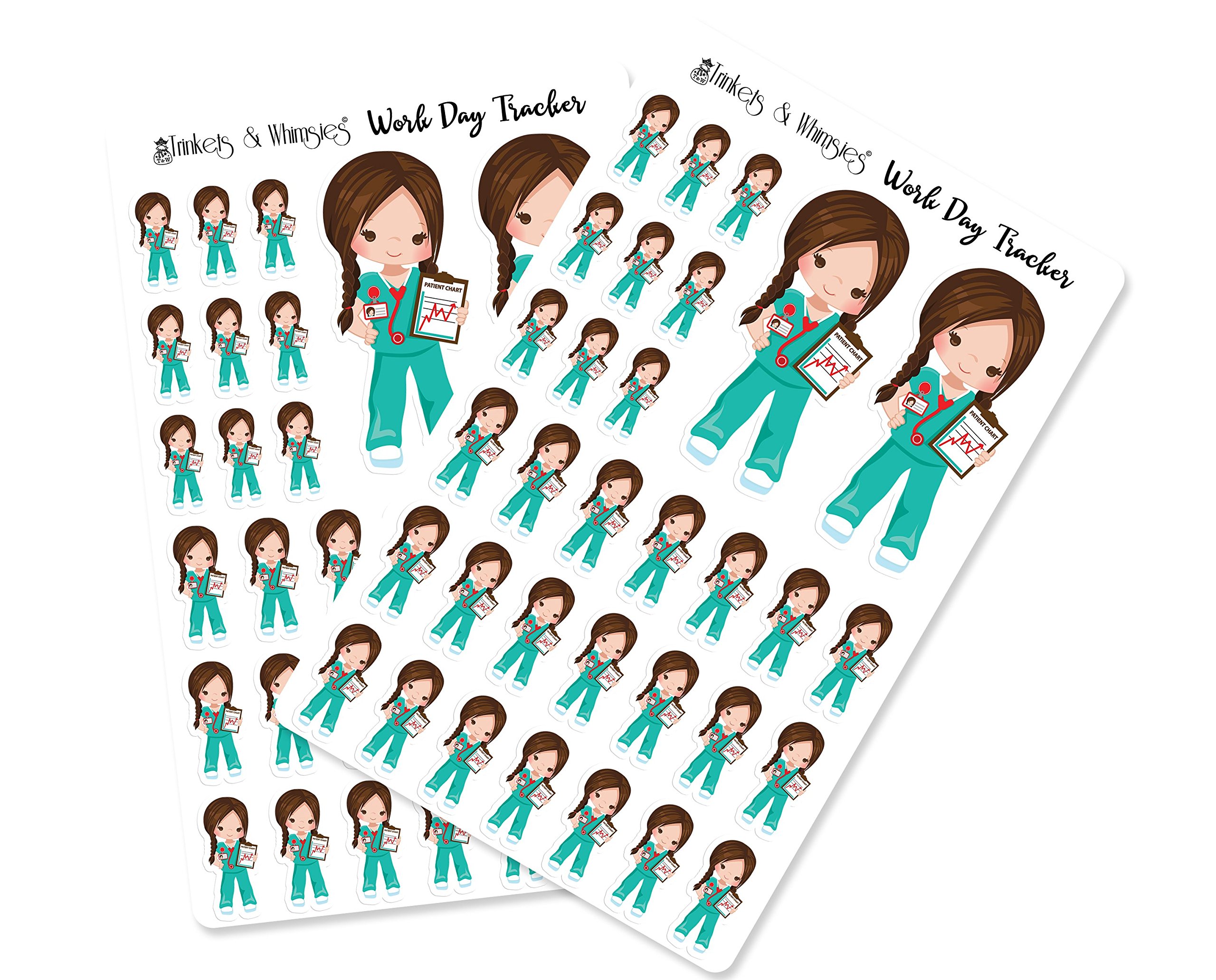 Green Scrubs Nurses Work Day Tracker Planner Stickers | Student Nurse Clinicals Tracker (Brown Hair Glossy)
