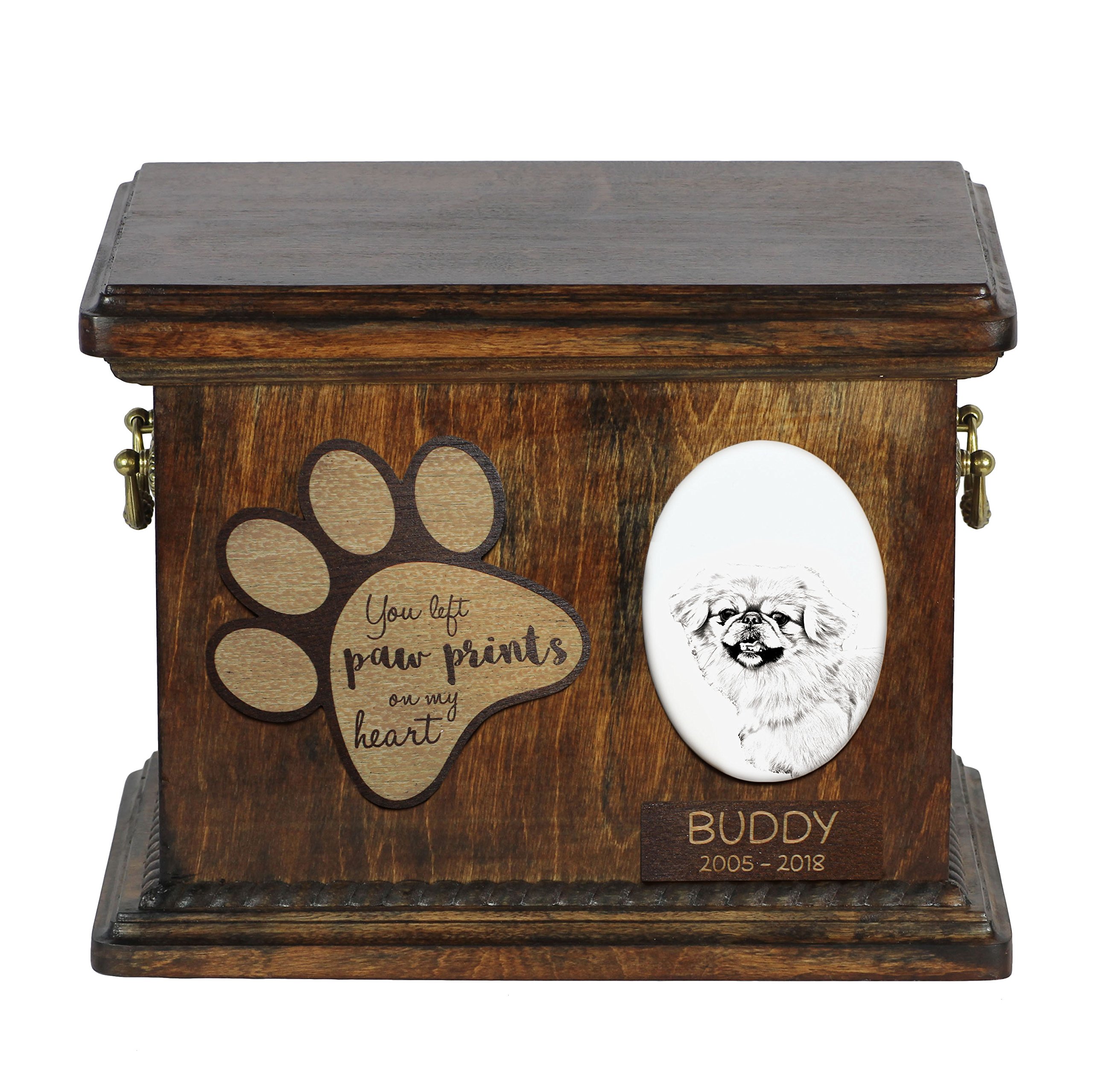 Art-Dog Custom Dog Memorial Urn - Handmade Cold Cast Bronze Portrait on Birch Base with Personalized Ceramic Plate - Elegant Dog Cremation Box – 8,3x11,4x8,7” – Pekingese — image 1