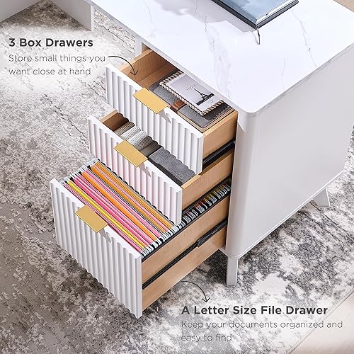 Miniatura 7 de T4TREAM Escritorio ejecutivo en forma de L de 60 pulgadas, moderno escritorio de oficina en casa con estación de carga y cajón de archivos,