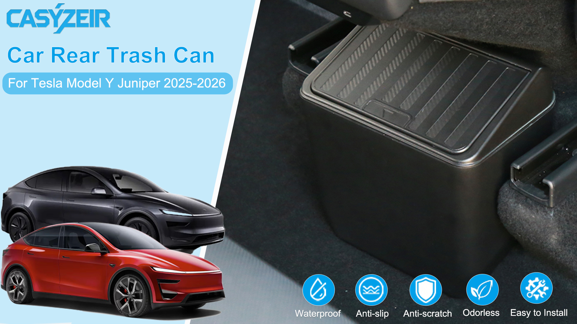 Image of Rear Trash Can Bin for Tesla Model Y Juniper 2026 2025 Accessories | Center Console Organizer with Press Open Design, Backseat Storage Box Garbage Bin for Model Y Juniper 2026