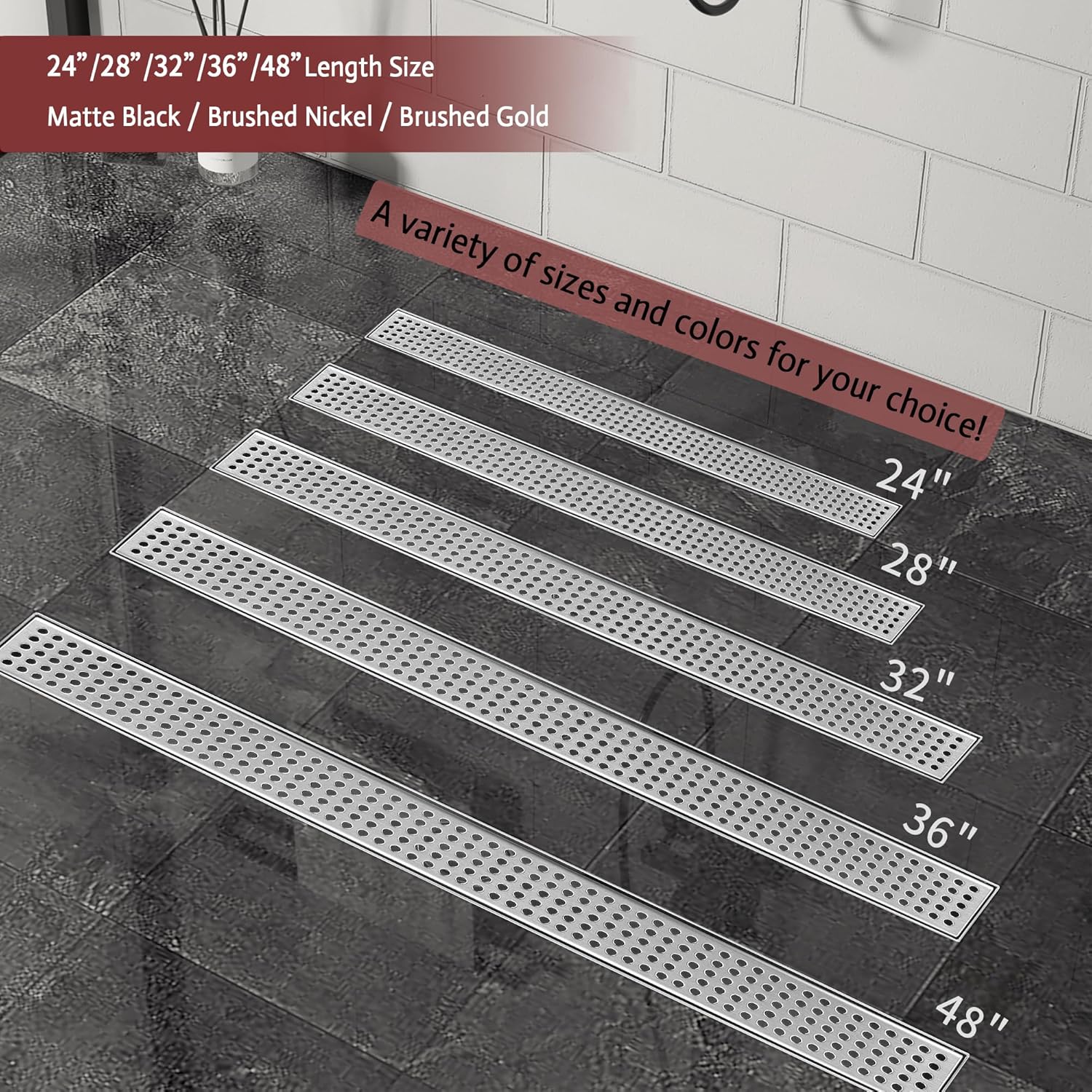 24 Inch Linear Shower Drain, Brushed Nickel Shower Drain,Removable Grate, 304 Stainless Steel, Easy to Install and Clean for Bathrooms (Drain Base Not Included), LSD-04A-24S