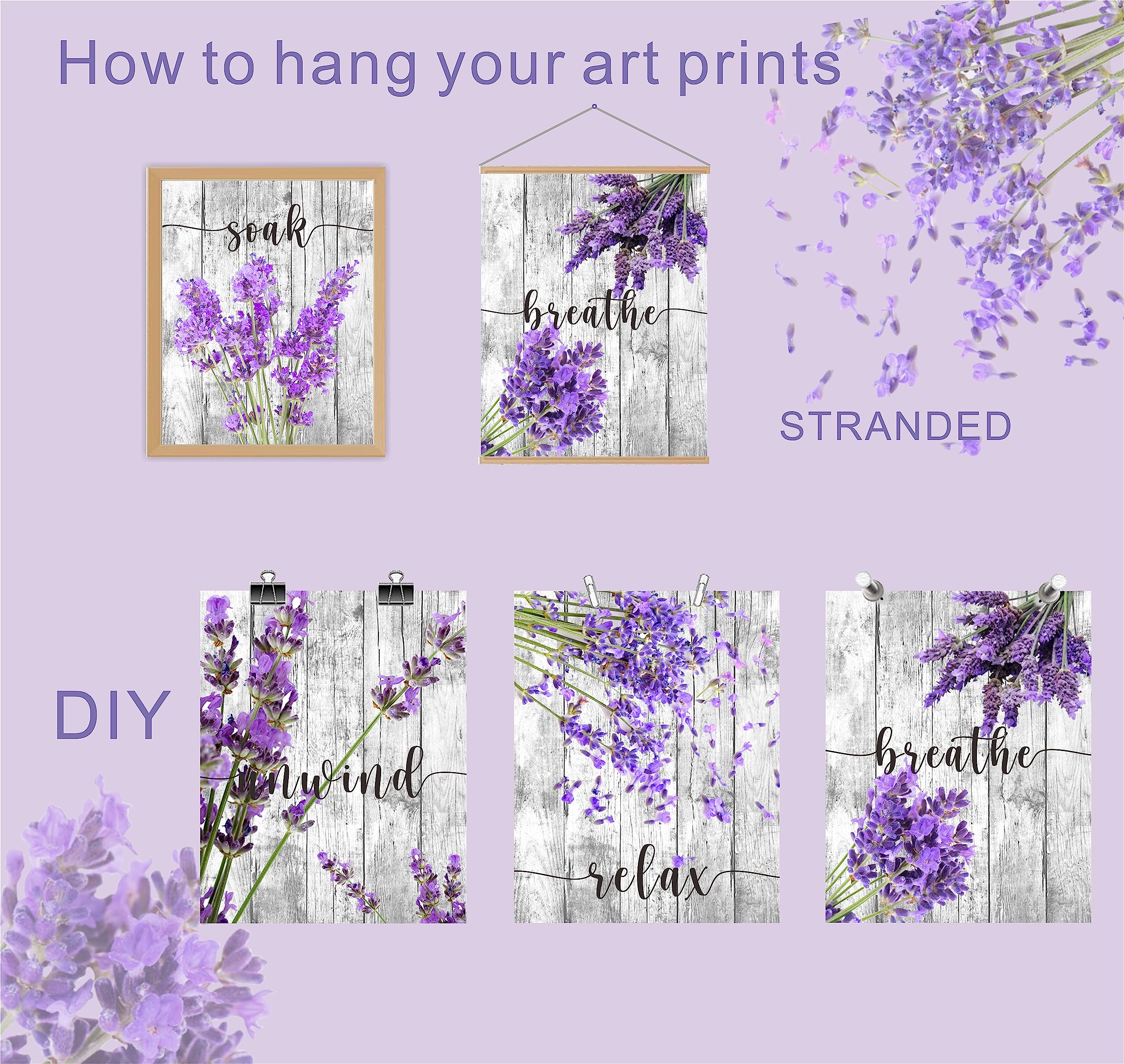 MOSITU Purple Bathroom Wall Art Lavender Art Flower Wall Prints Purple Bathroom Decor Canvas Wall Art Set of 4 Unframed Relax Soak Unwind Breathe Poster for Washroom Decor - Image 3