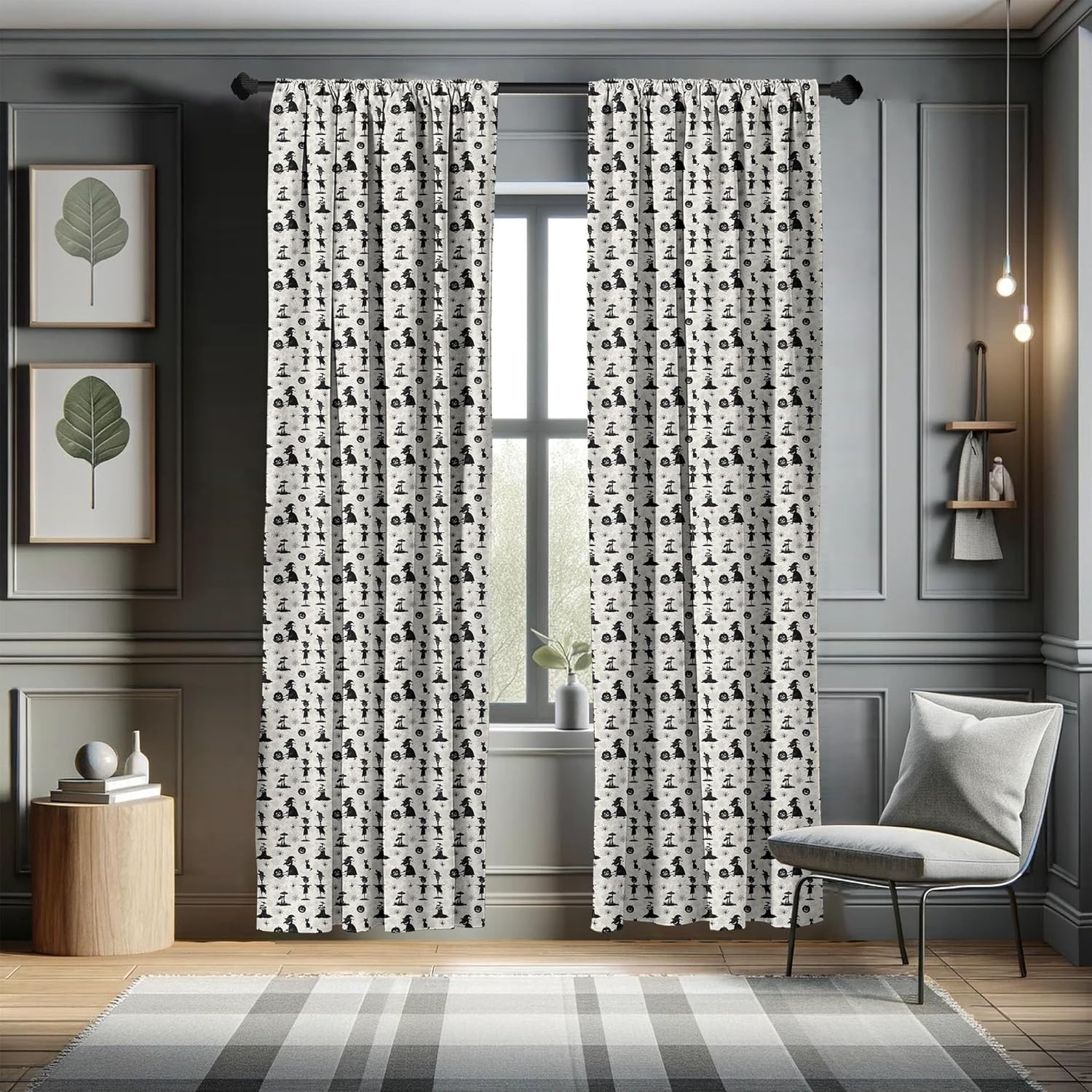 Ambesonne Scarecrow Window Curtains, Repetitive Halloween Pattern with Silhouette of Horror, Lightweight Decor 2-Panel Set with Rod Pocket, Pair of - 28" x 84", Eggshell Charcoal Grey
