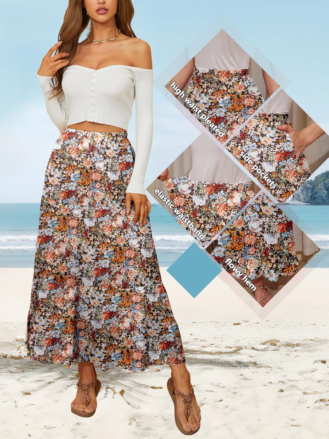 NASHALYLY Women's High Waisted Maxi Skirt,Elastic Chiffon Boho Long Skirt with Pockets - Image 2